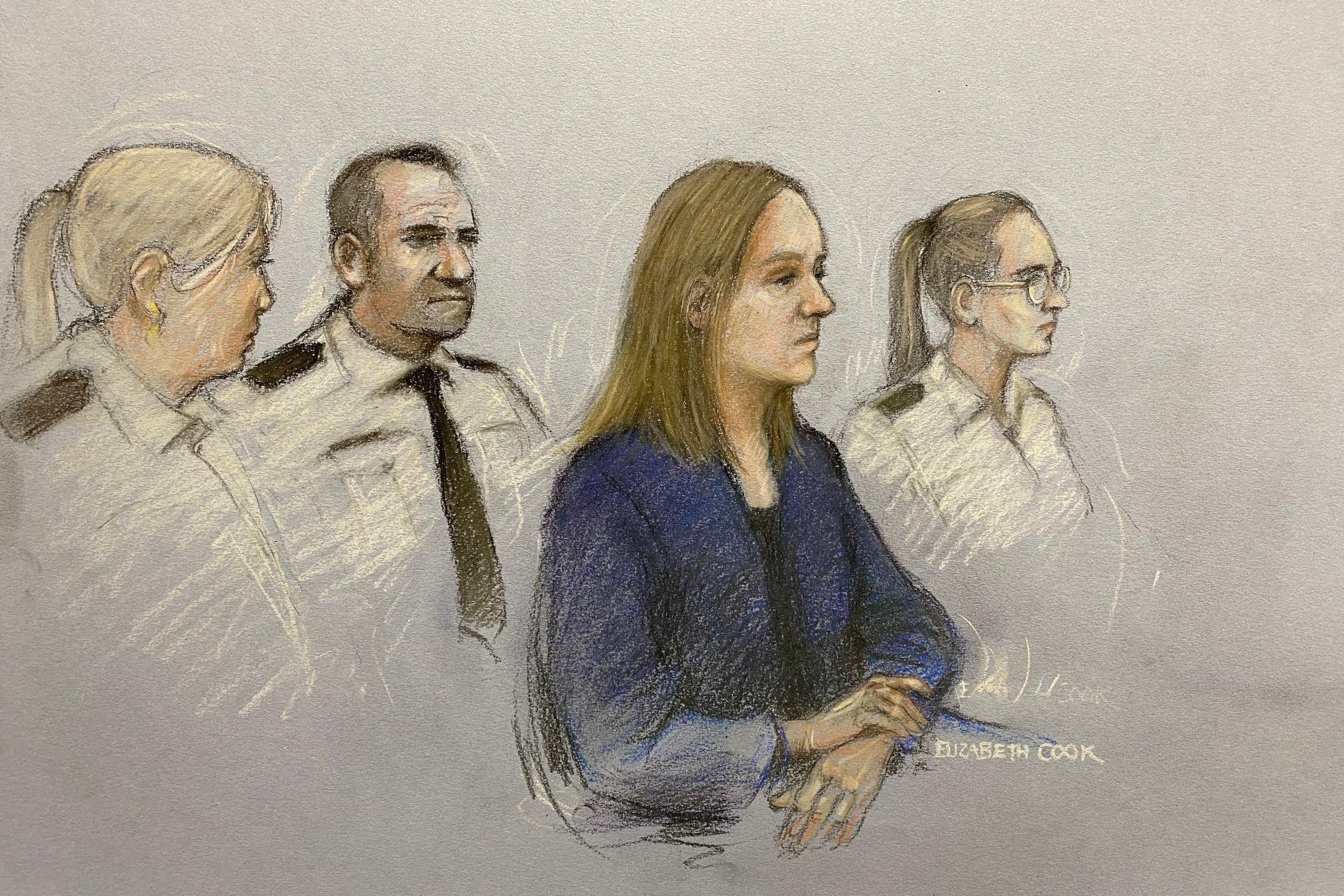 Court artist’s sketch of Letby in the dock at Manchester Crown Court