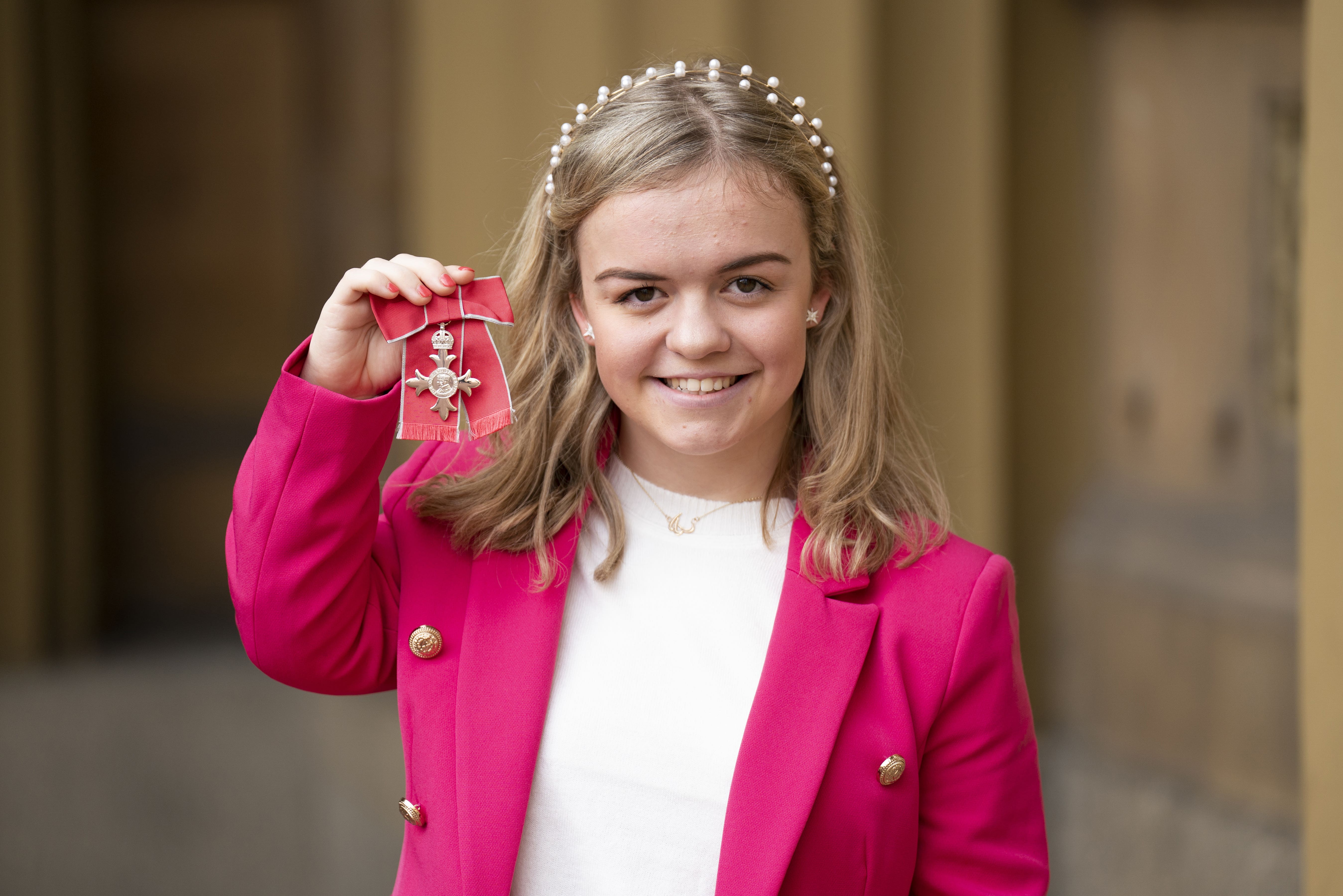 Maisie Summers-Newton with her MBE, awarded by the Princess Royal during an investiture ceremony at Buckingham Palace, London. Picture date: Wednesday October 12, 2022 (Kirsty O’Connor/PA)