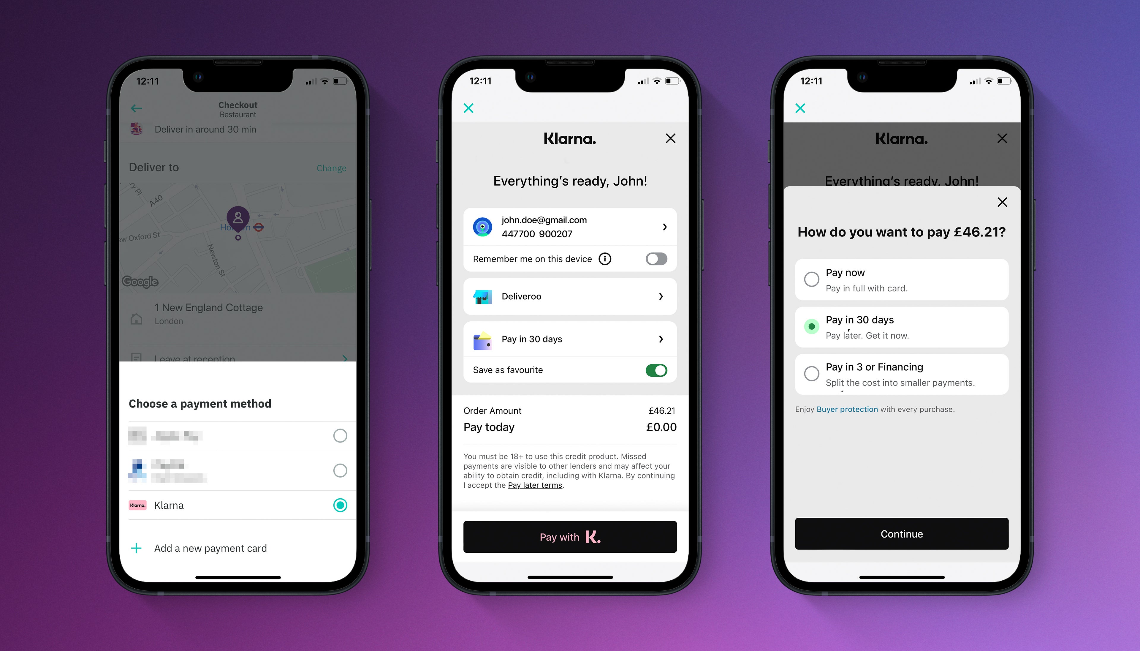 The three payment options offered by Klarna on Deliveroo