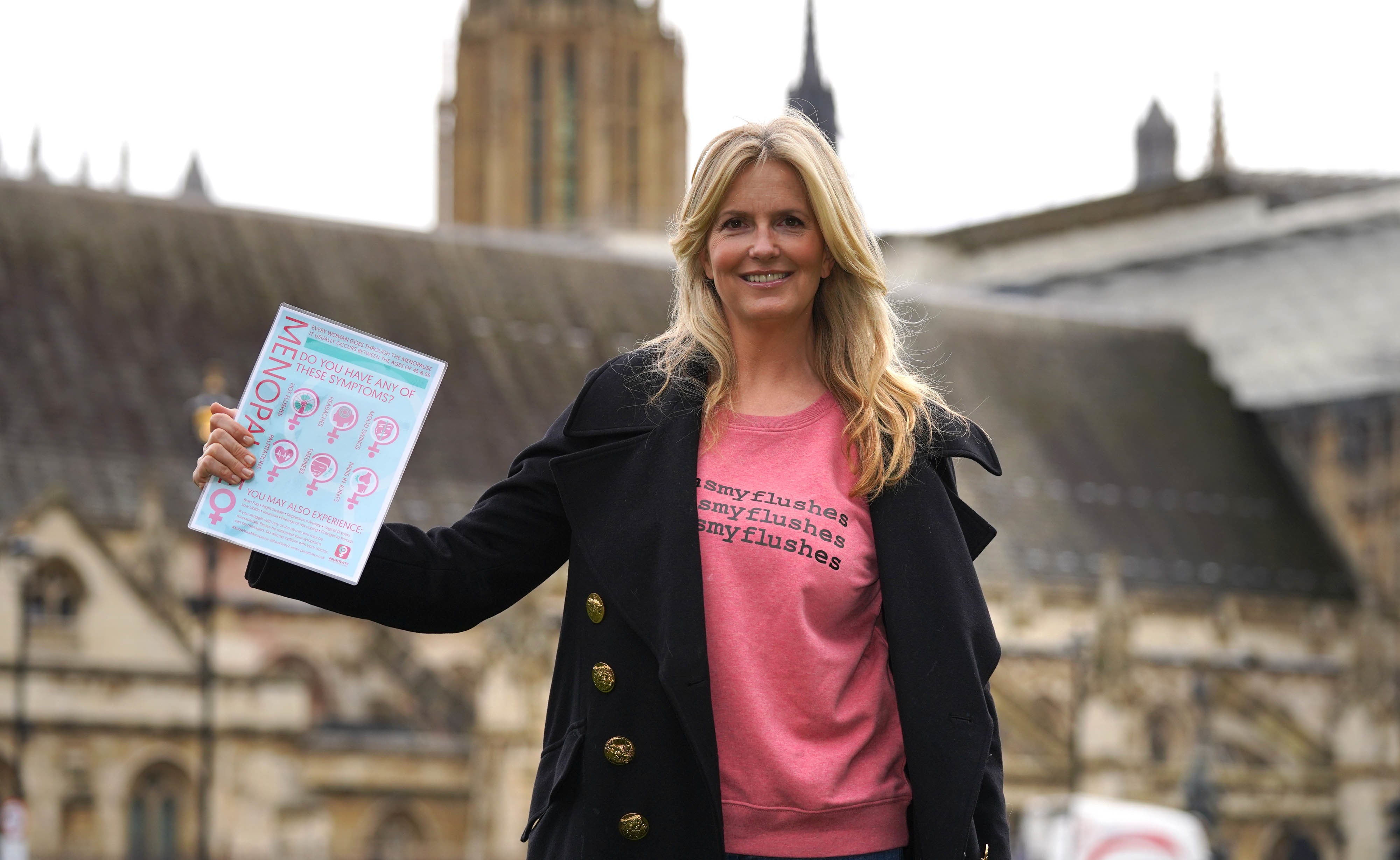 Penny Lancaster outside the Houses of Parliament in London during a protest against ongoing prescription charges for HRT (Hormone replacement therapy)