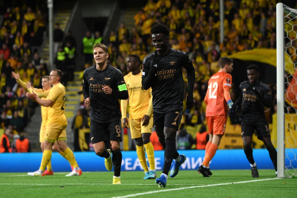 Saka celebrates a third goal in his last two games