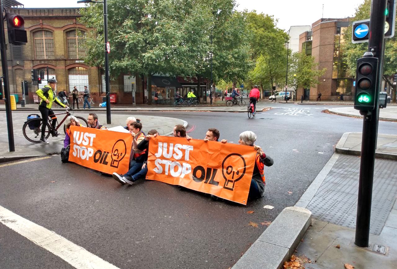 Just Stop Oil of protesters occupying roads around Southwark in London