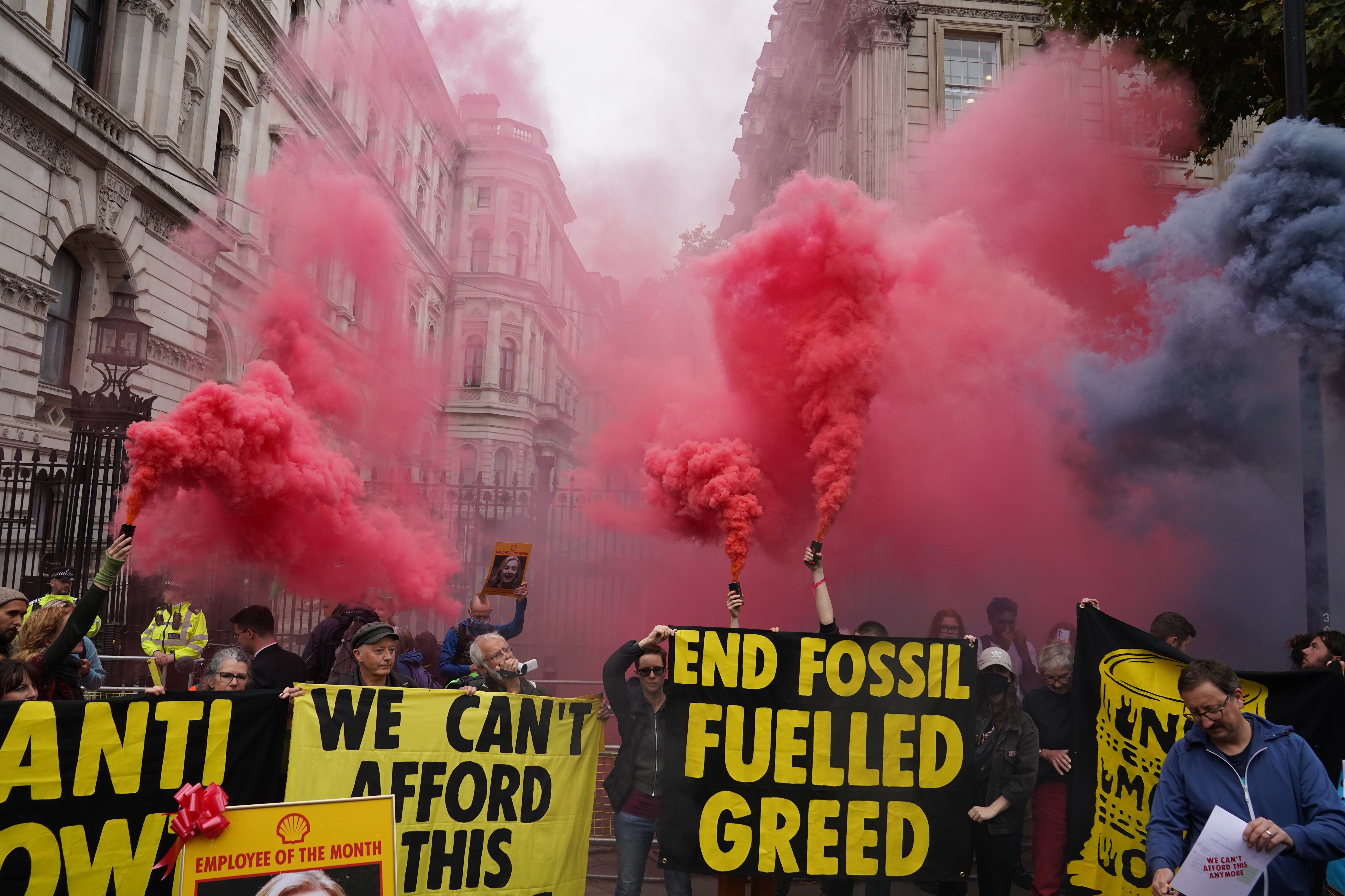 Members of Extinction Rebellion protest outside Downing Street on the day Kwasi Kwarteng said he has accepted Liz Truss’s request he “stand aside” as Chancellor of the Exchequer. Picture date: Friday October 14, 2022 (Stefan Rousseau/PA)