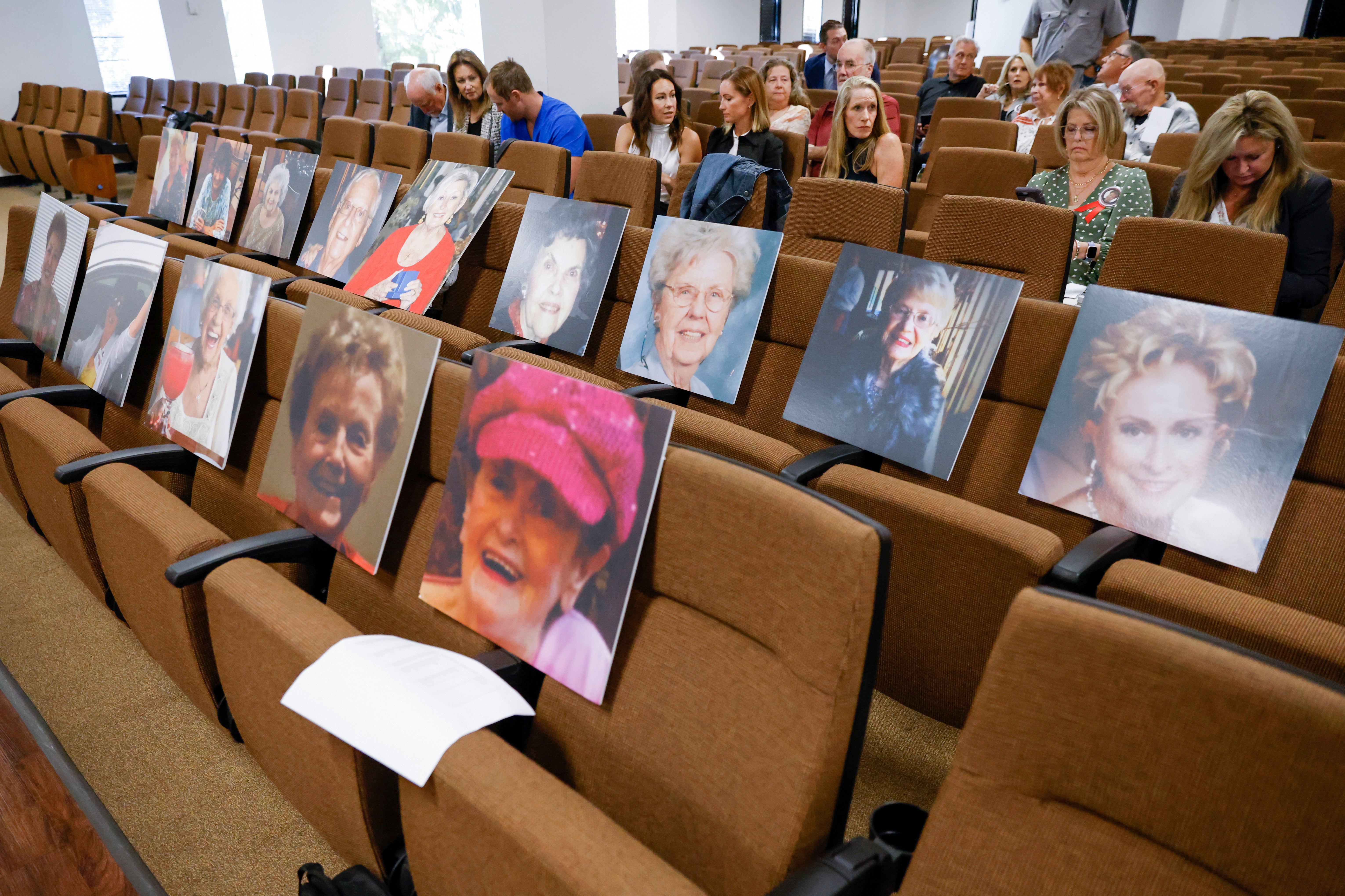 Portraits of the victims of Billy Chemirmir are displayed on chairs ahead of victim impact statements in Chemirmir’s trial in October