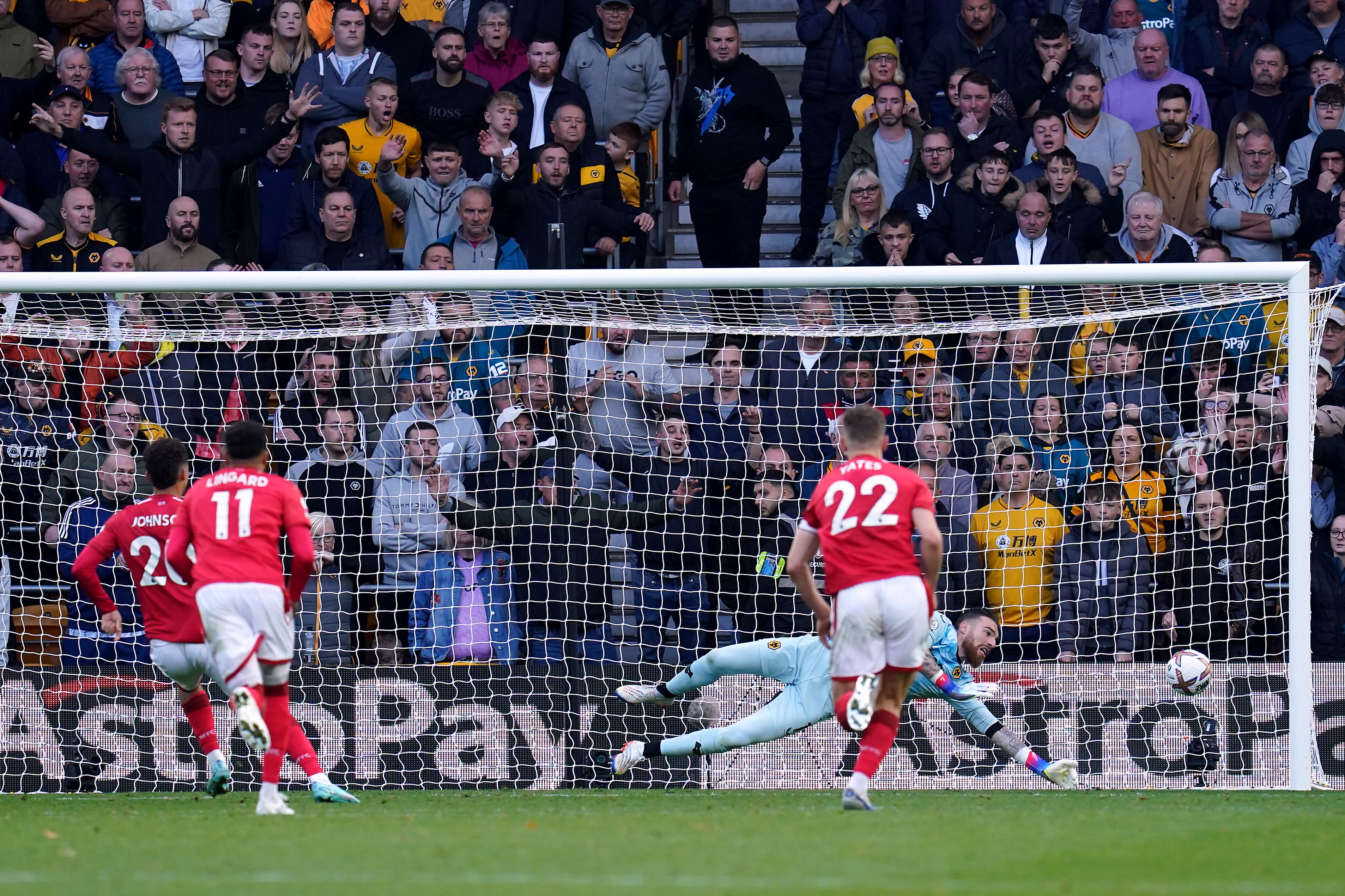 Brennan Johnson’s penalty is saved by Jose Sa (Nick Potts/PA)