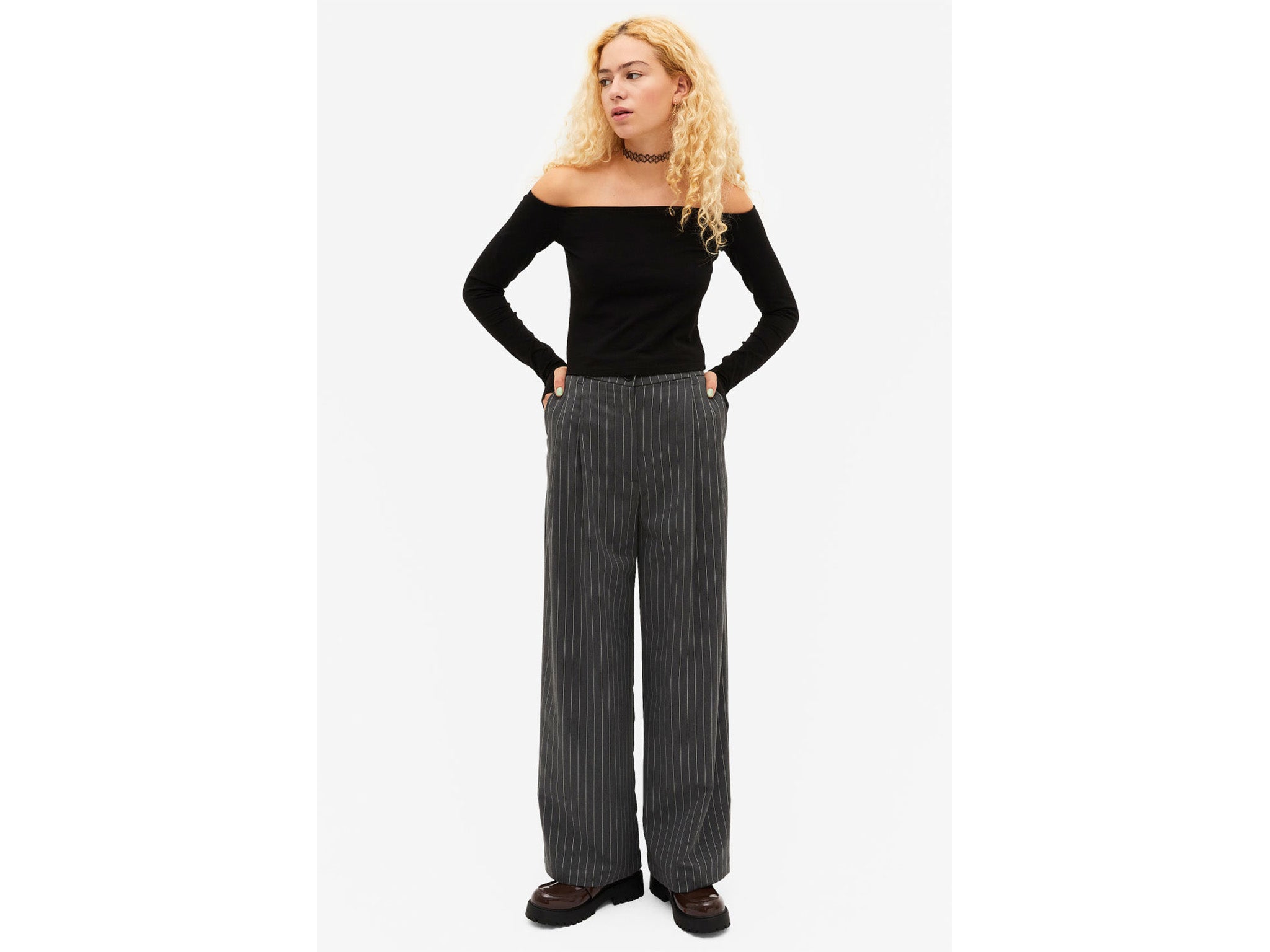 Monki grey pinstripe wide leg trousers