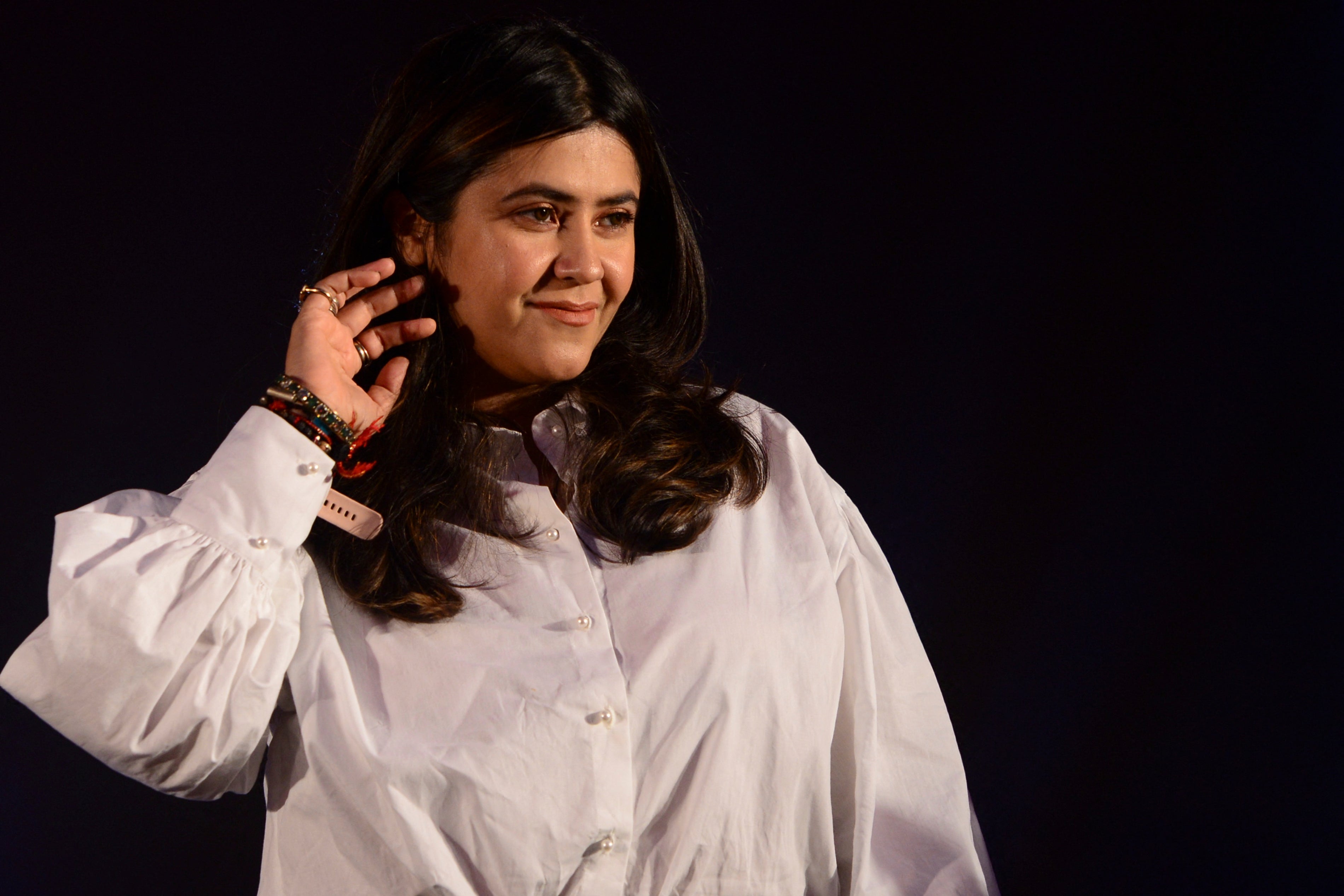 Indian film and television producer Ekta Kapoor poses during the ALT Balaji and MX Player announcement of the reality show ‘Lock Upp’