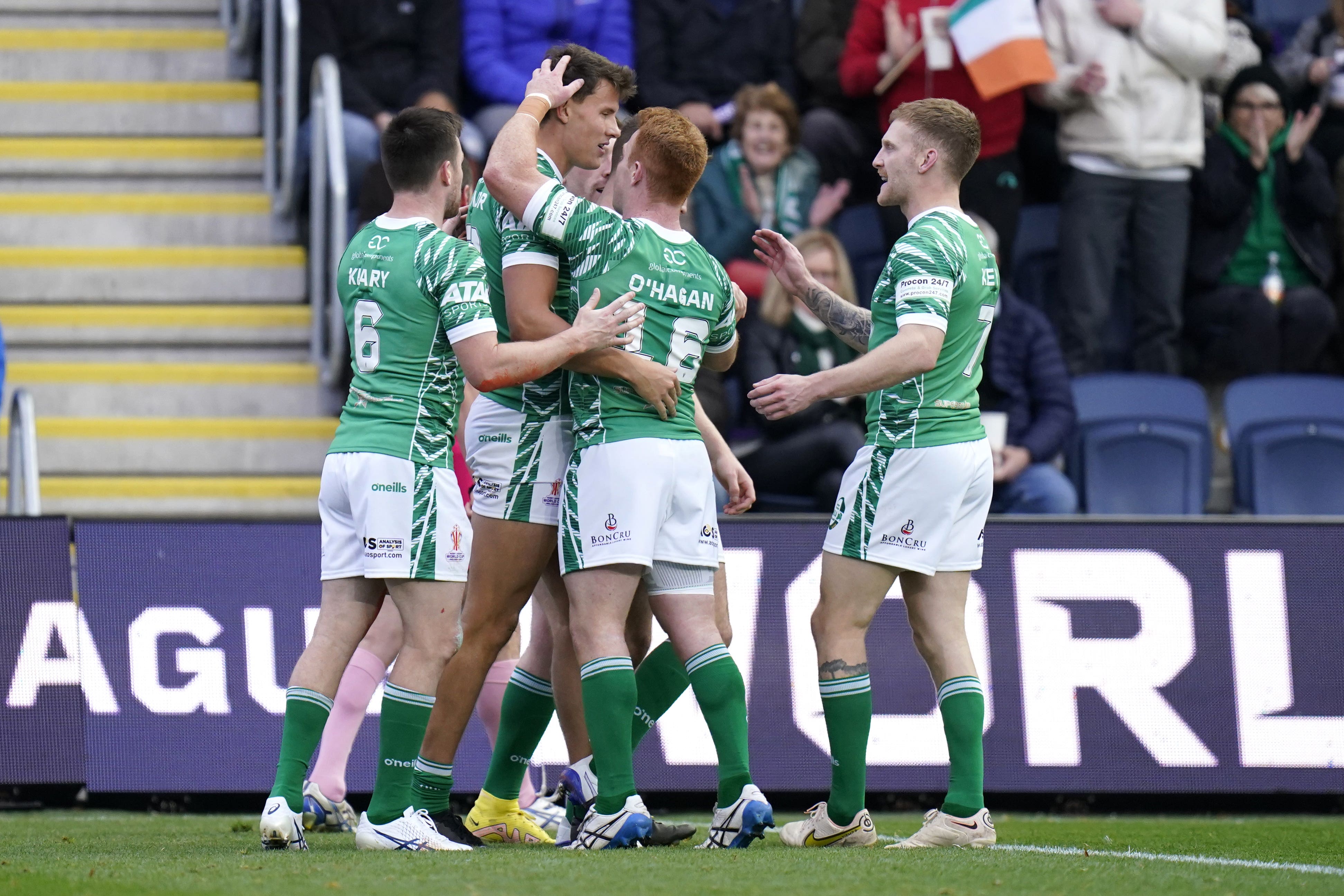 Ireland celebrate their first try (Danny Lawson/PA)