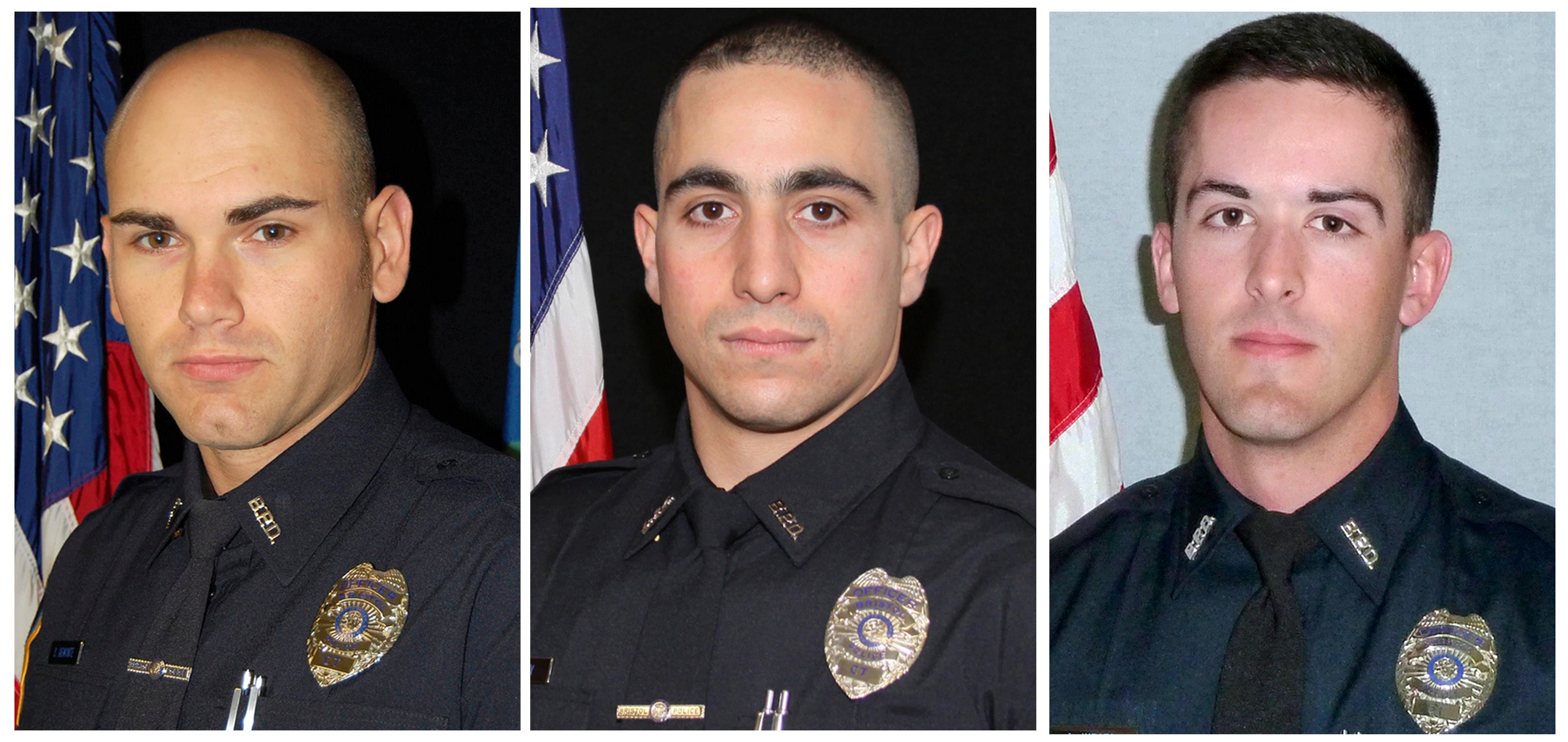 From left, Bristol, Connecticut, Police Department Sgt. Dustin Demonte, Officer Alex Hamzy and Officer Alec Iurato.