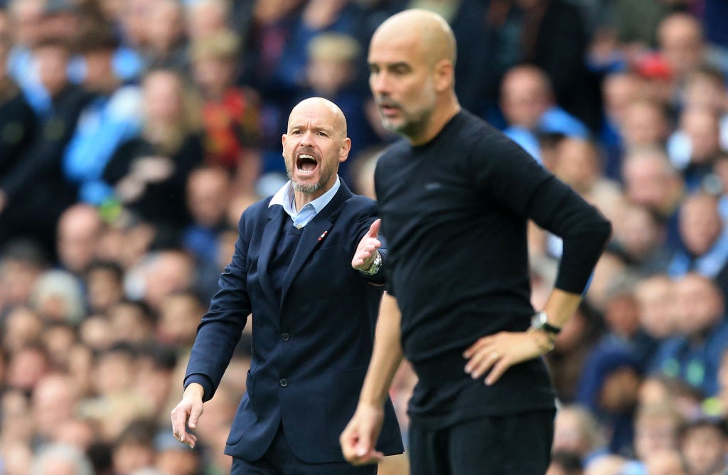 Erik ten Hag, left, shouts from the touchline during his United team’s humbling defeat to Guardiola’s City earlier this month