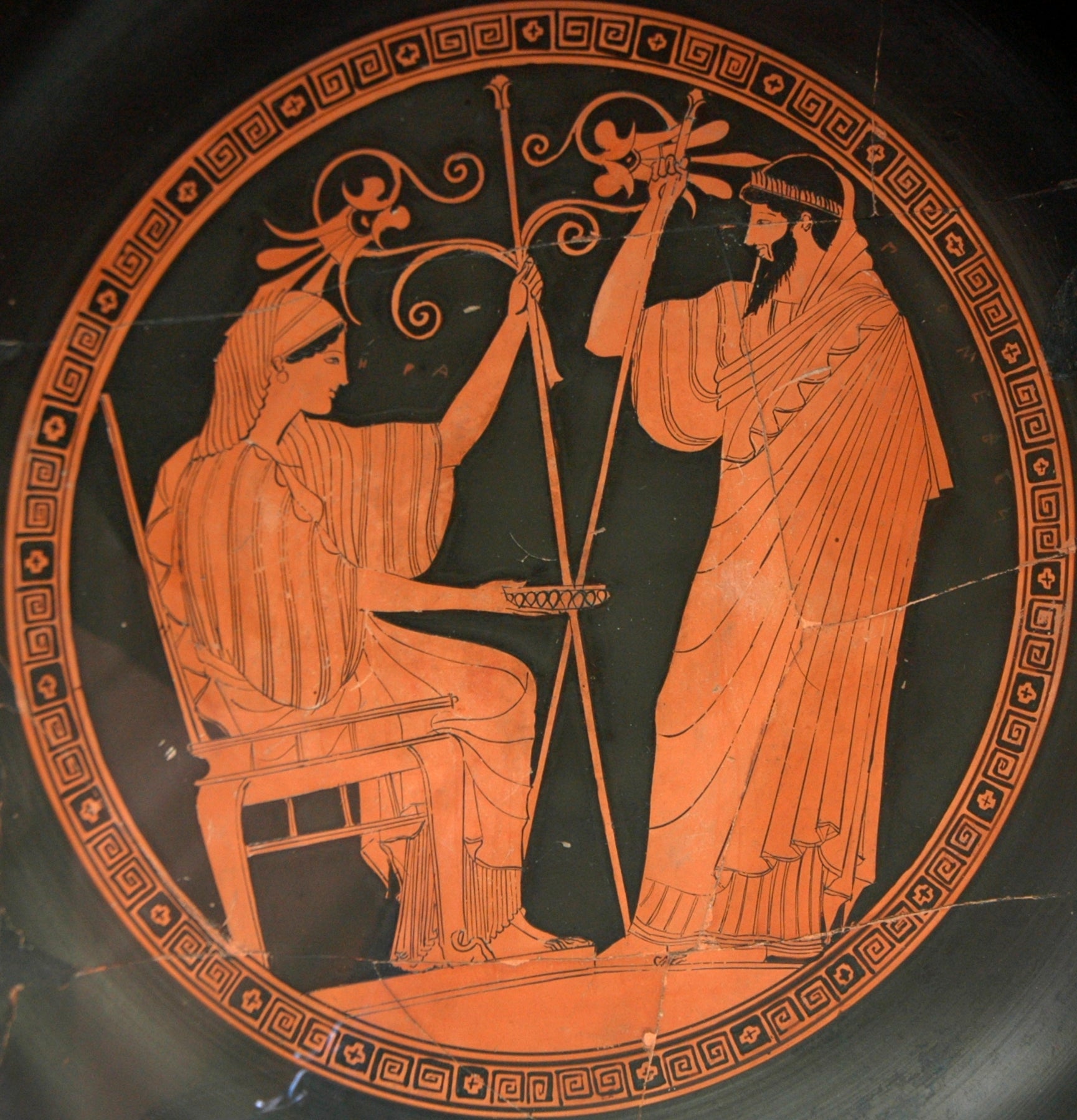 Hera (left) is traditionally portrayed as directing and observing human affairs from her paradise home on Olympus