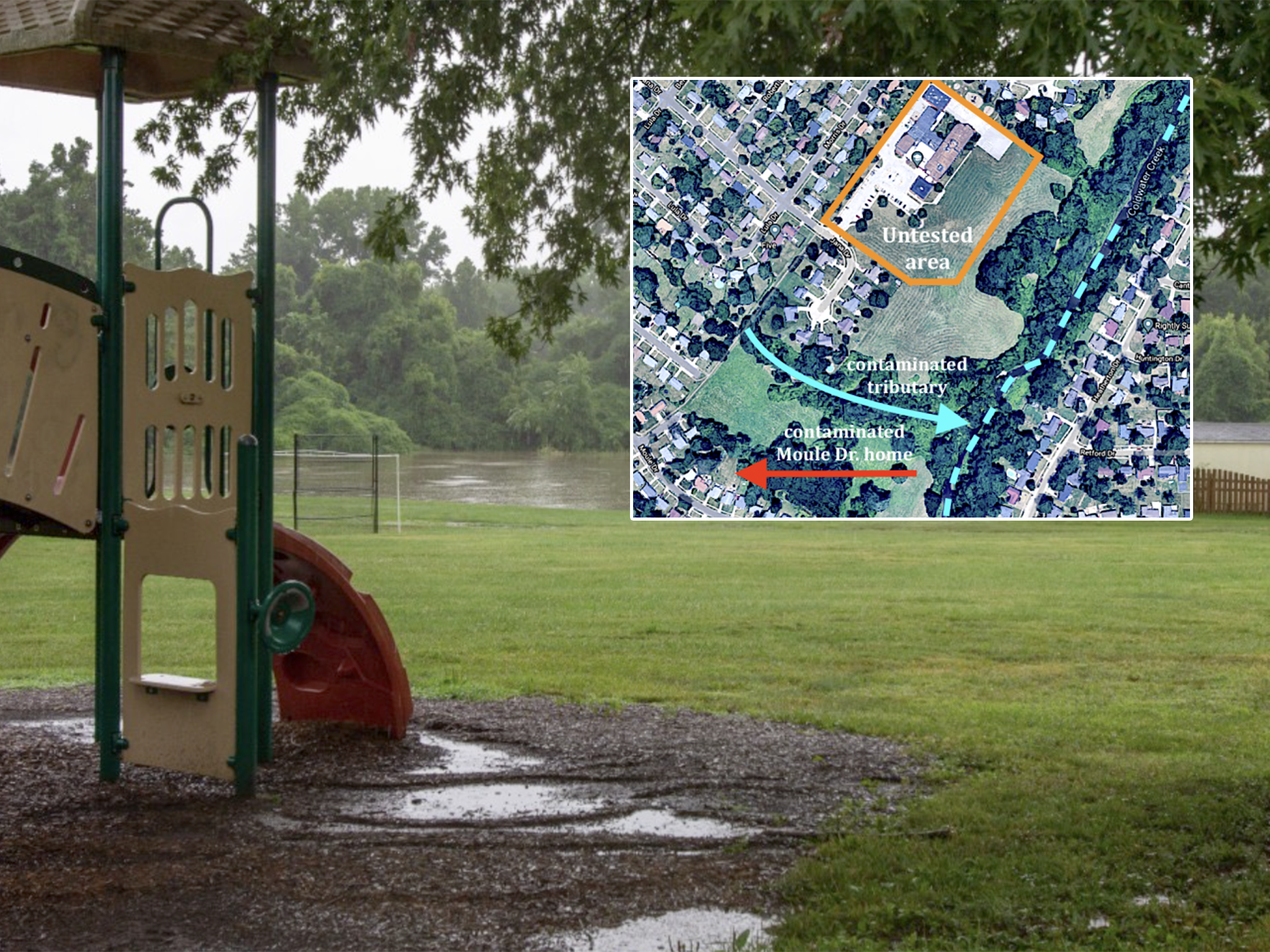 Cold Water Creek, which is polluted with radioactive waste, seeps into the grounds of Jana Elementary School in Florissant, Missouri