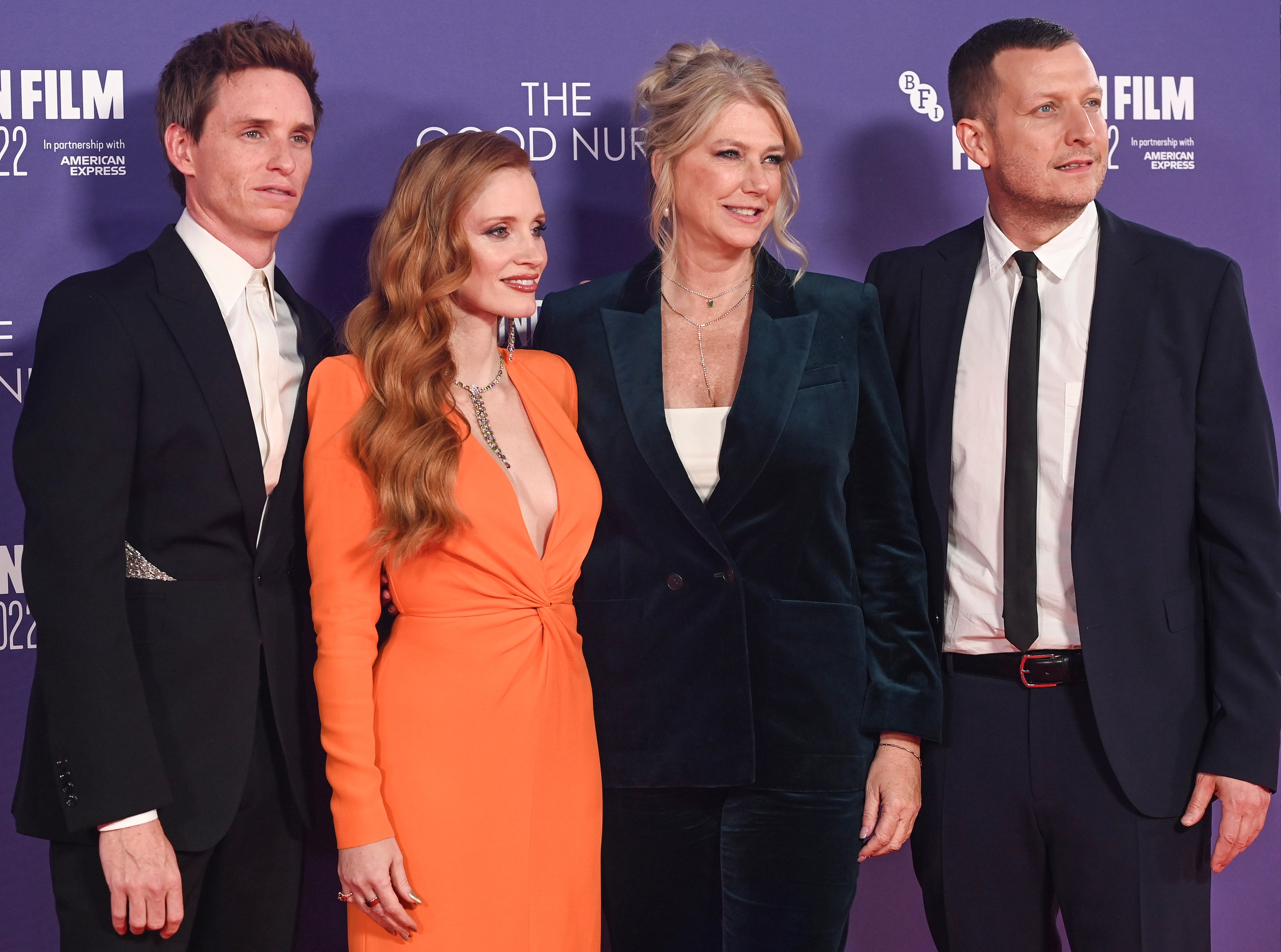 Eddie Redmayne, Jessica Chastain, Amy Loughren, and Tobias Lindholm attend the UK premiere of ‘The Good Nurse’ on 10 October 2022 in London