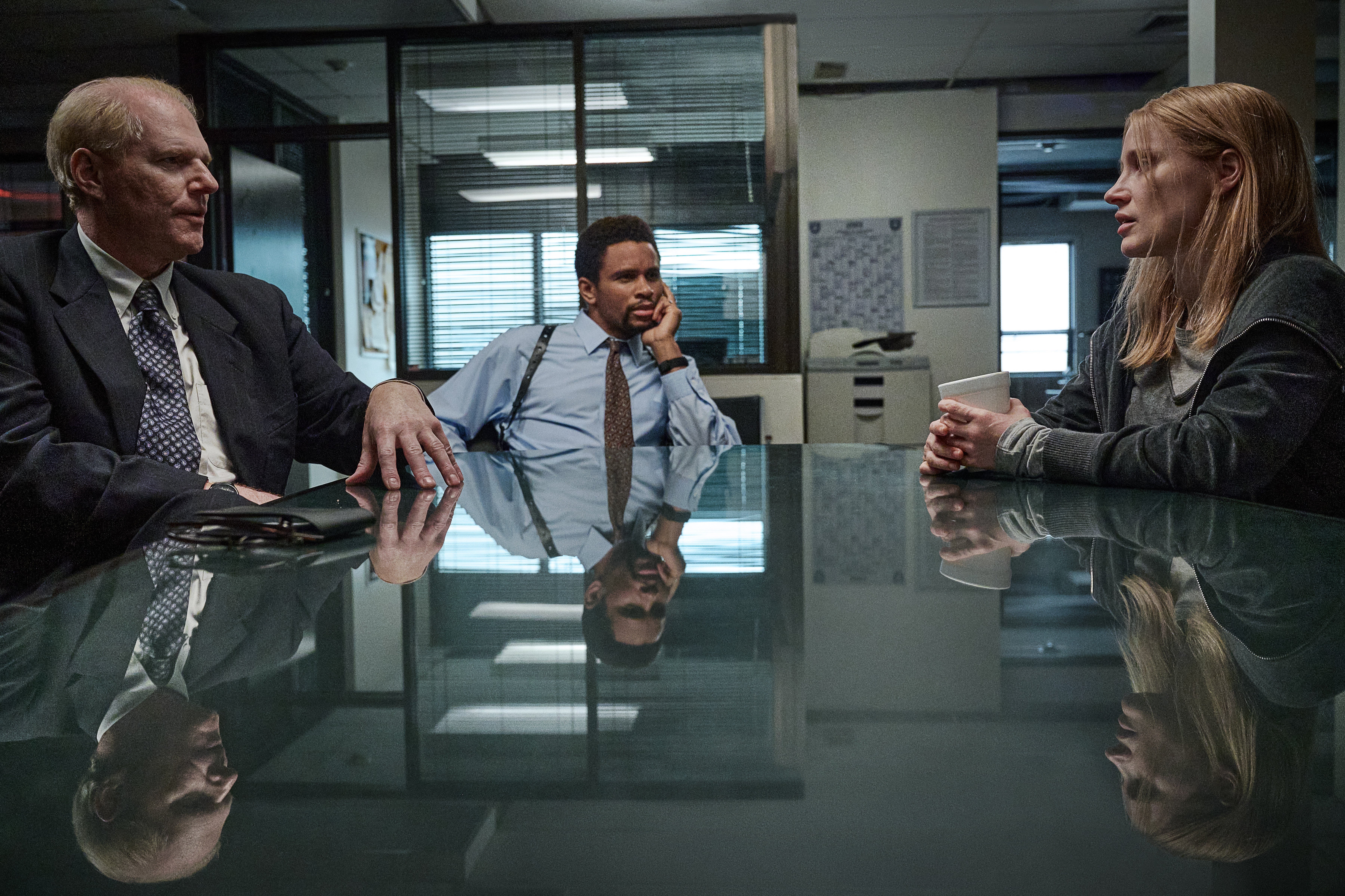 Noah Emmerich and Nnamdi Asomugha as detectives Tim Braun and Danny Baldwin, and Jessica Chastain as Amy Loughren