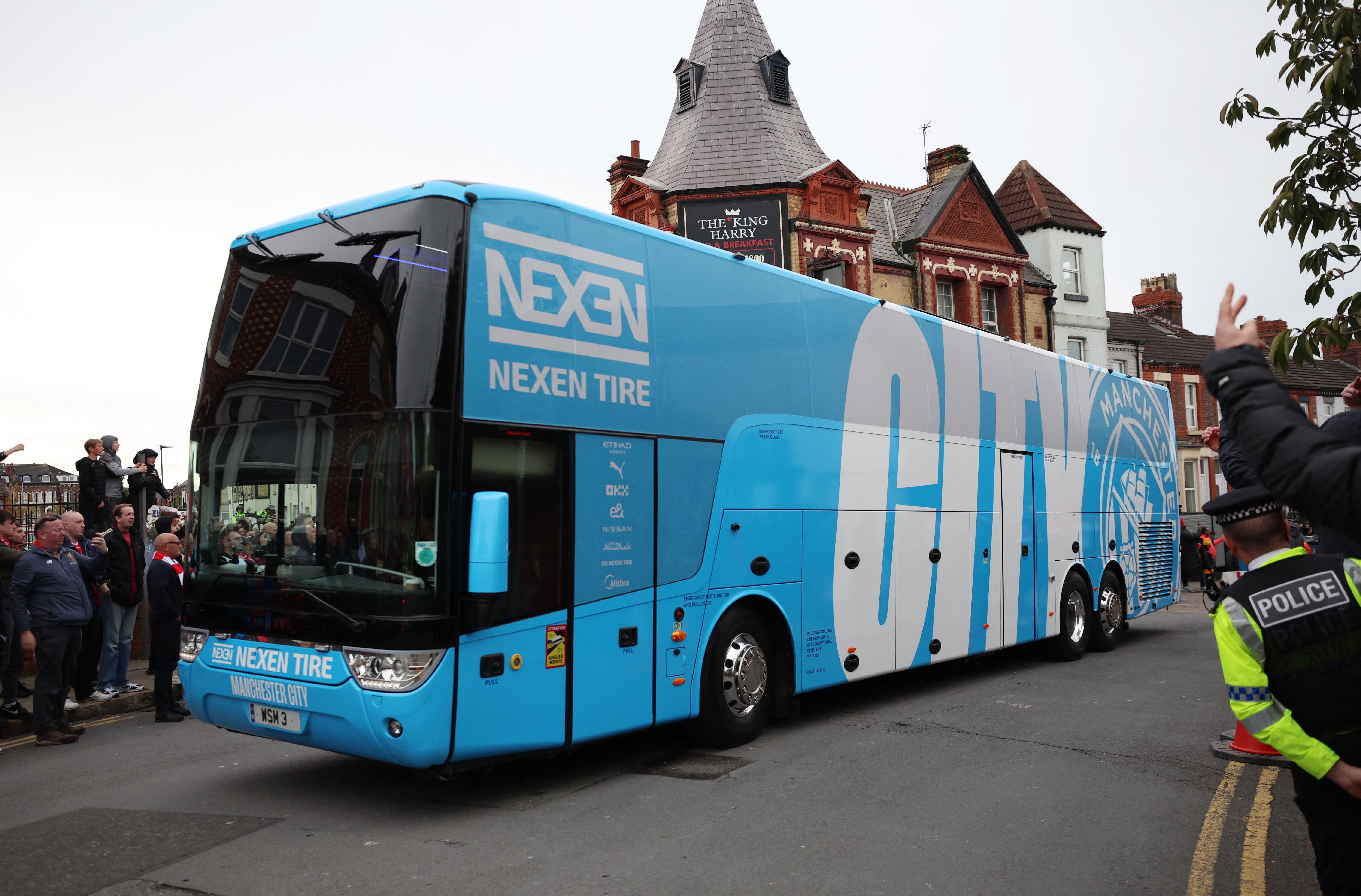 Manchester City’s team bus arrives at Anfield