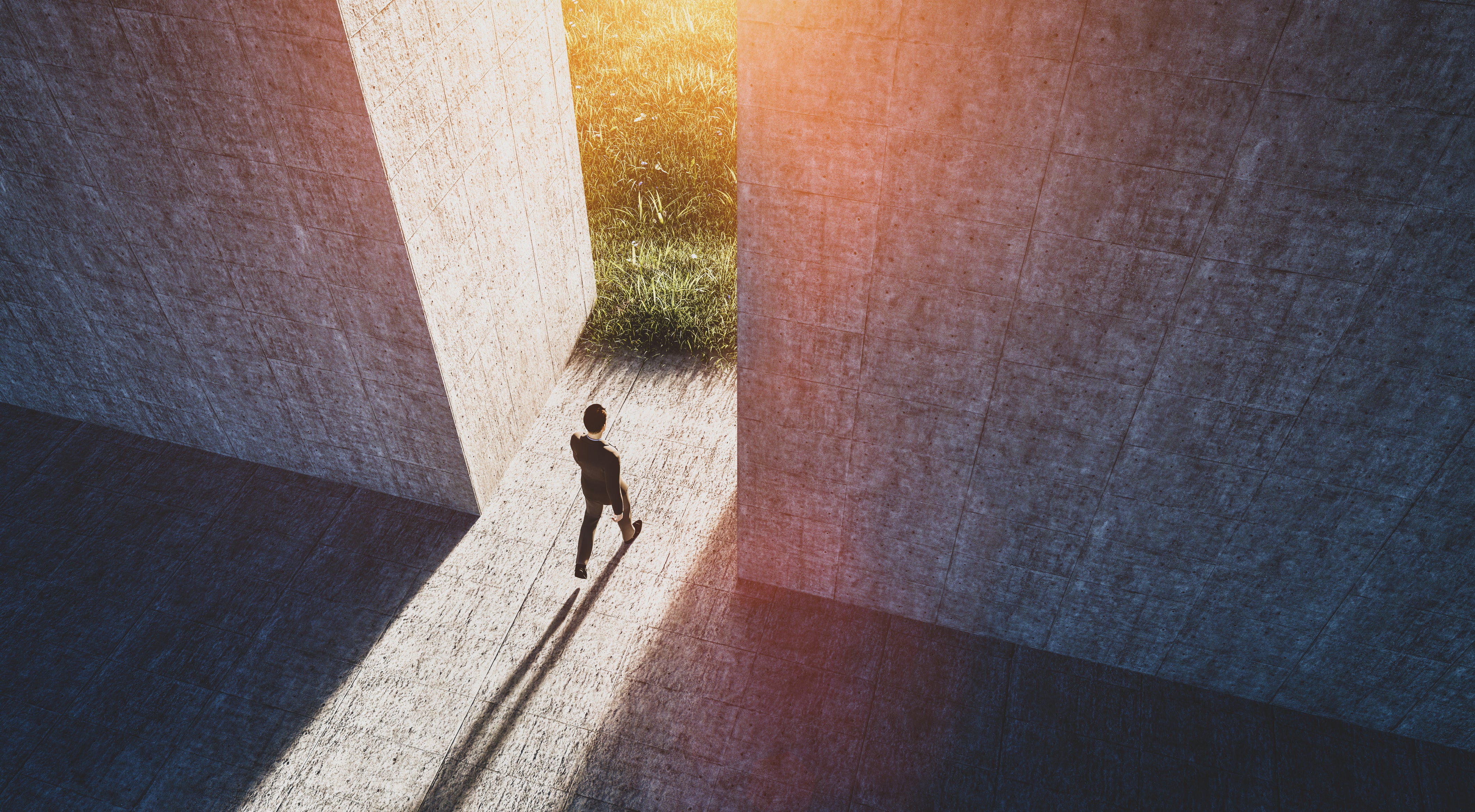 Businessman walking to open big gate to a new better green world. Concept of hope, bright future. 3D illustration