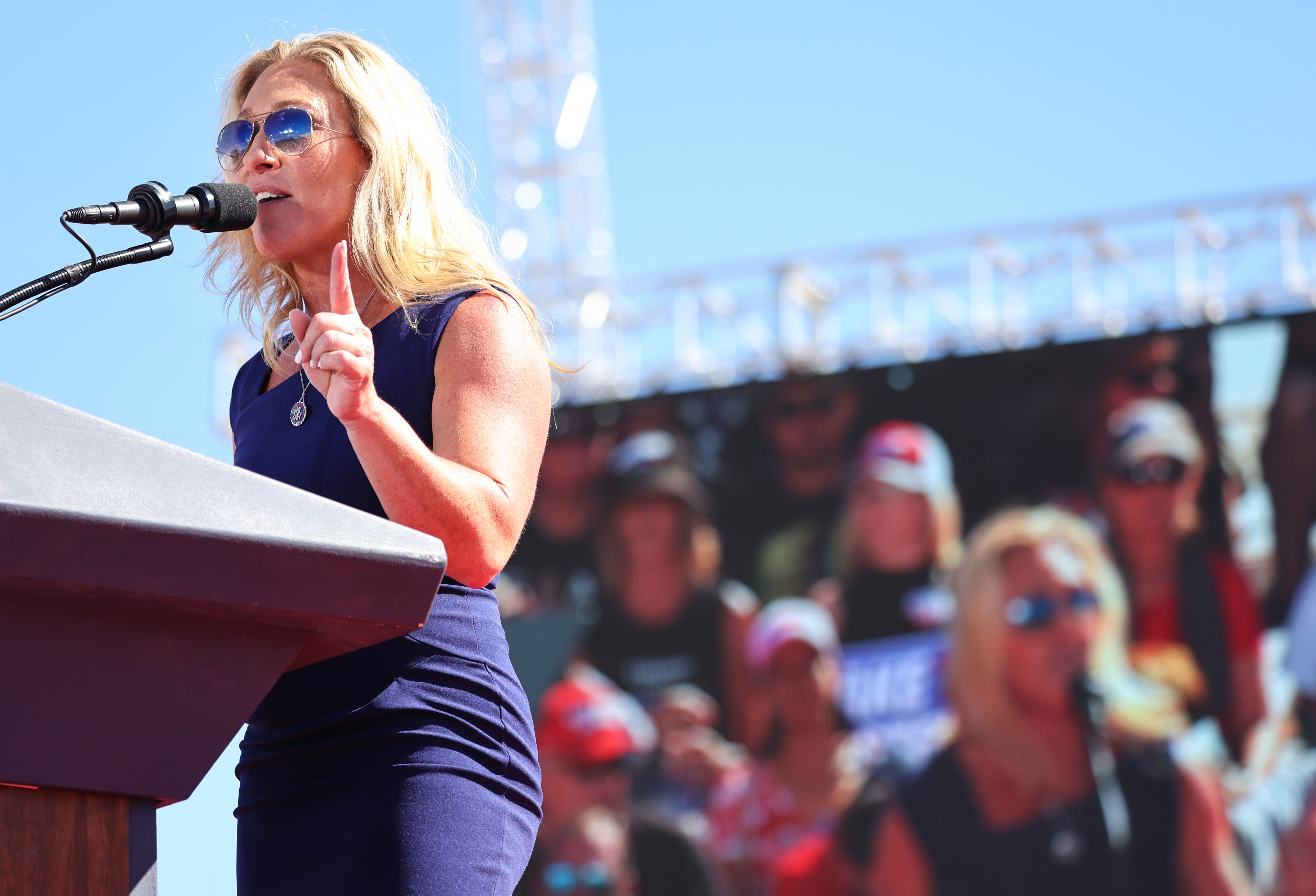 Rep Marjorie Taylor Greene speaks during a campaign rally on 9 October 2022 in Mesa, Arizona