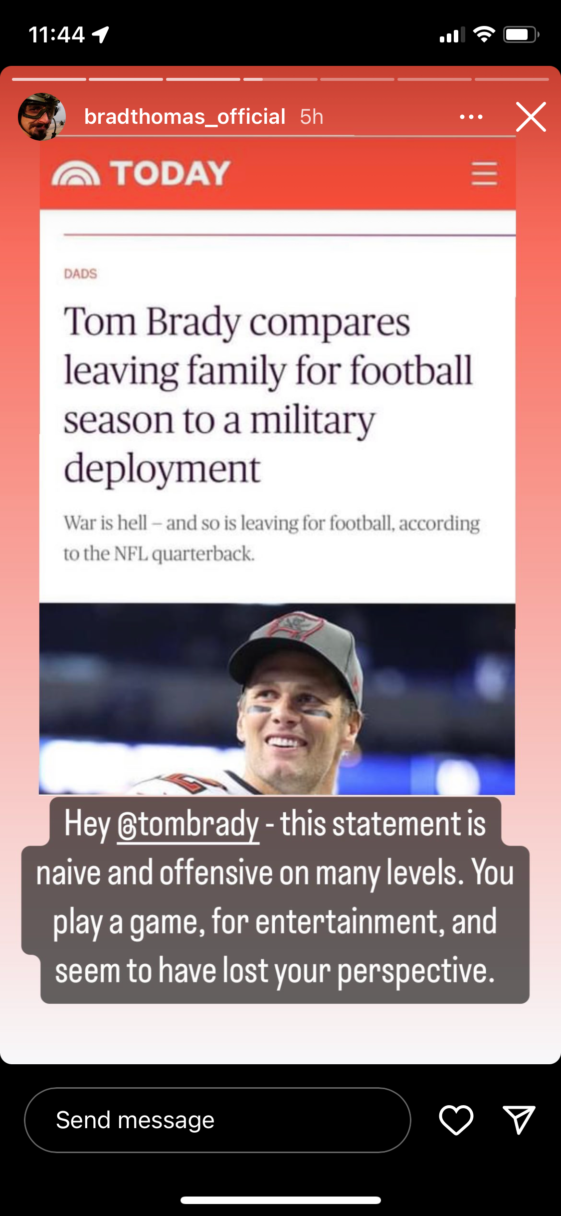 Military veteran Brad Thomas condemns Tom Brady’s comments comparing football season to military deployment