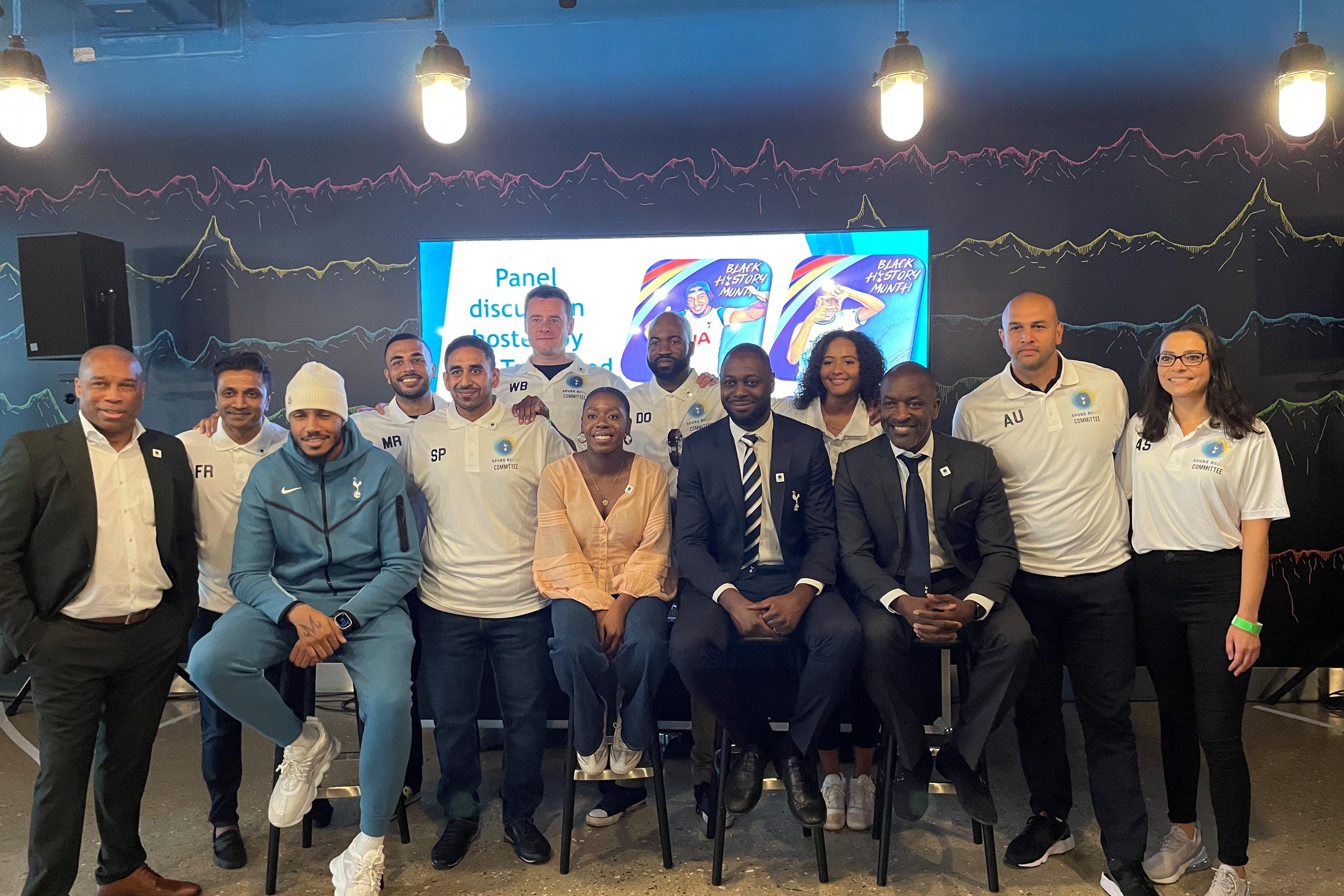 Spurs REACH committee members with AJ Tracey, Rebekah Walker, Ledley King and Chris Powell after Saturday’s Black History Month event at Tottenham Hotspur Stadium (George Sessions/PA)