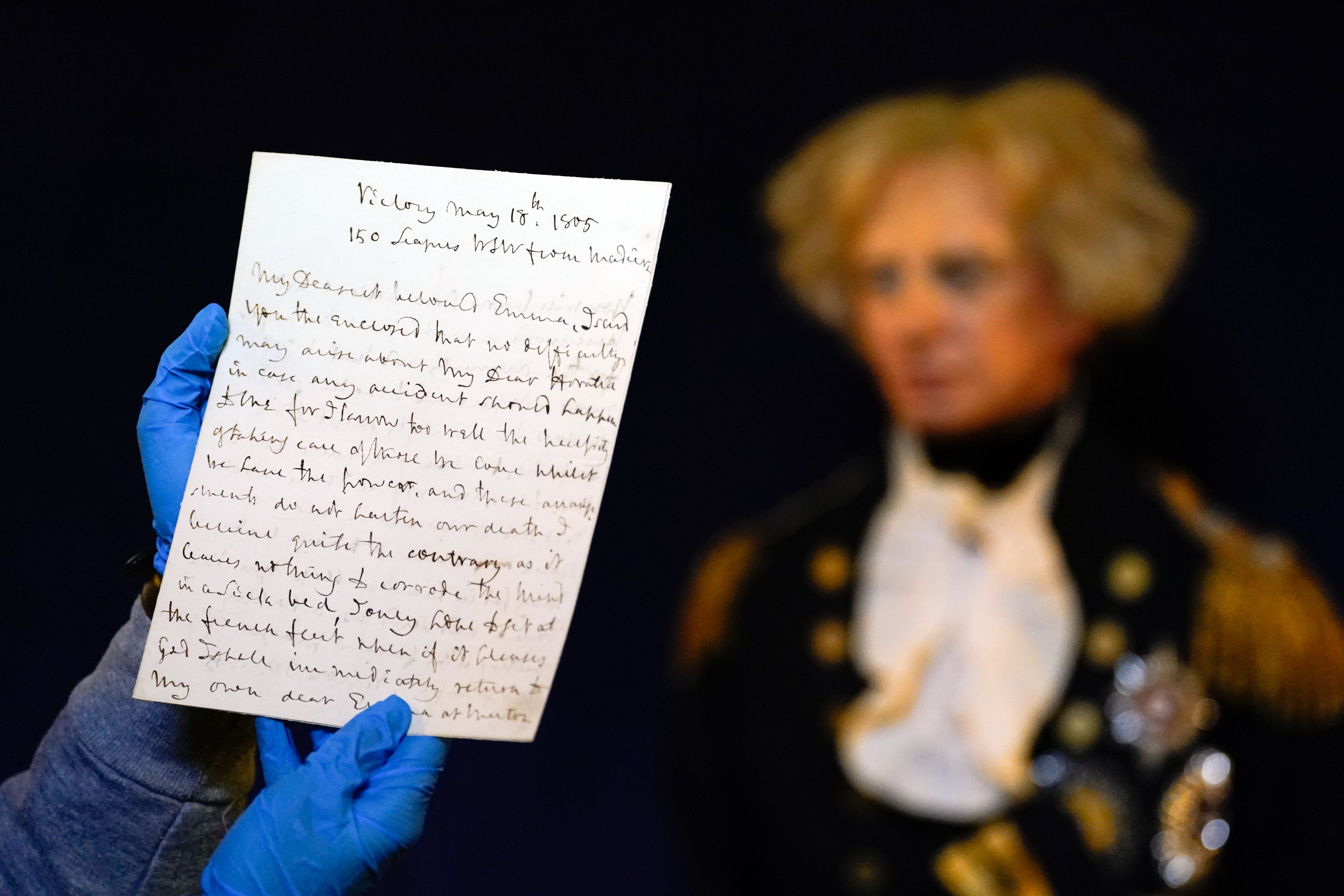 A letter written by Vice-Admiral Lord Nelson to Emma Hamilton from on board HMS Victory in May 1805, is on show at National Museum of the Royal Navy in Portsmouth ahead of Trafalgar Day (Andrew Matthews/PA)