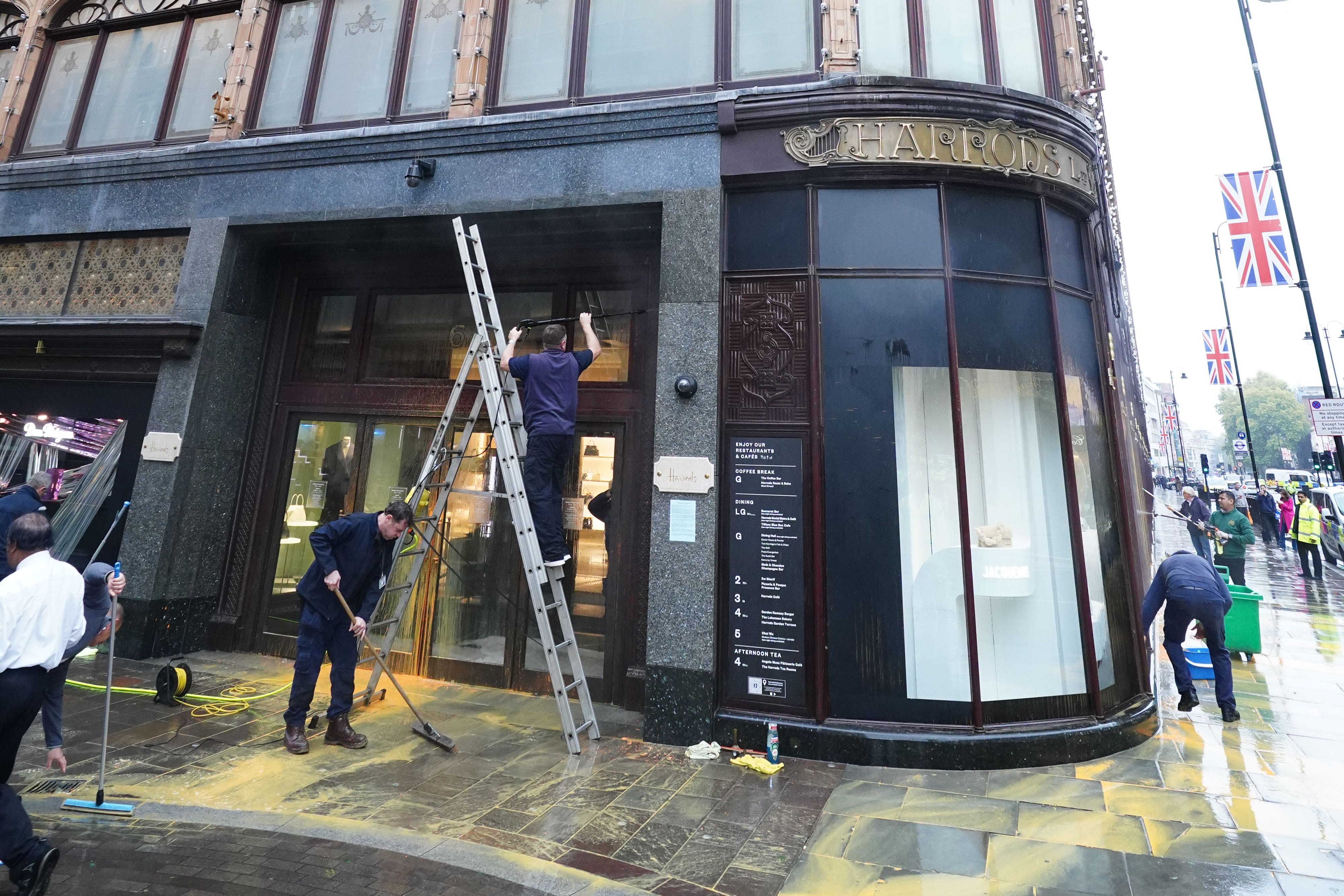 The front of Harrods in Knightbridge, London, is cleaned after the incident