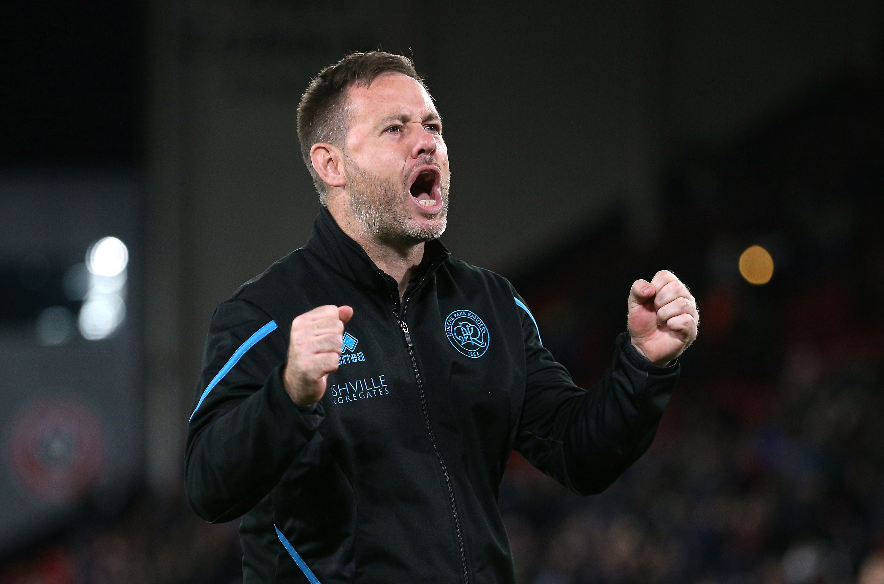 Mick Beale celebrates QPR’s win at Sheffield United earlier this month