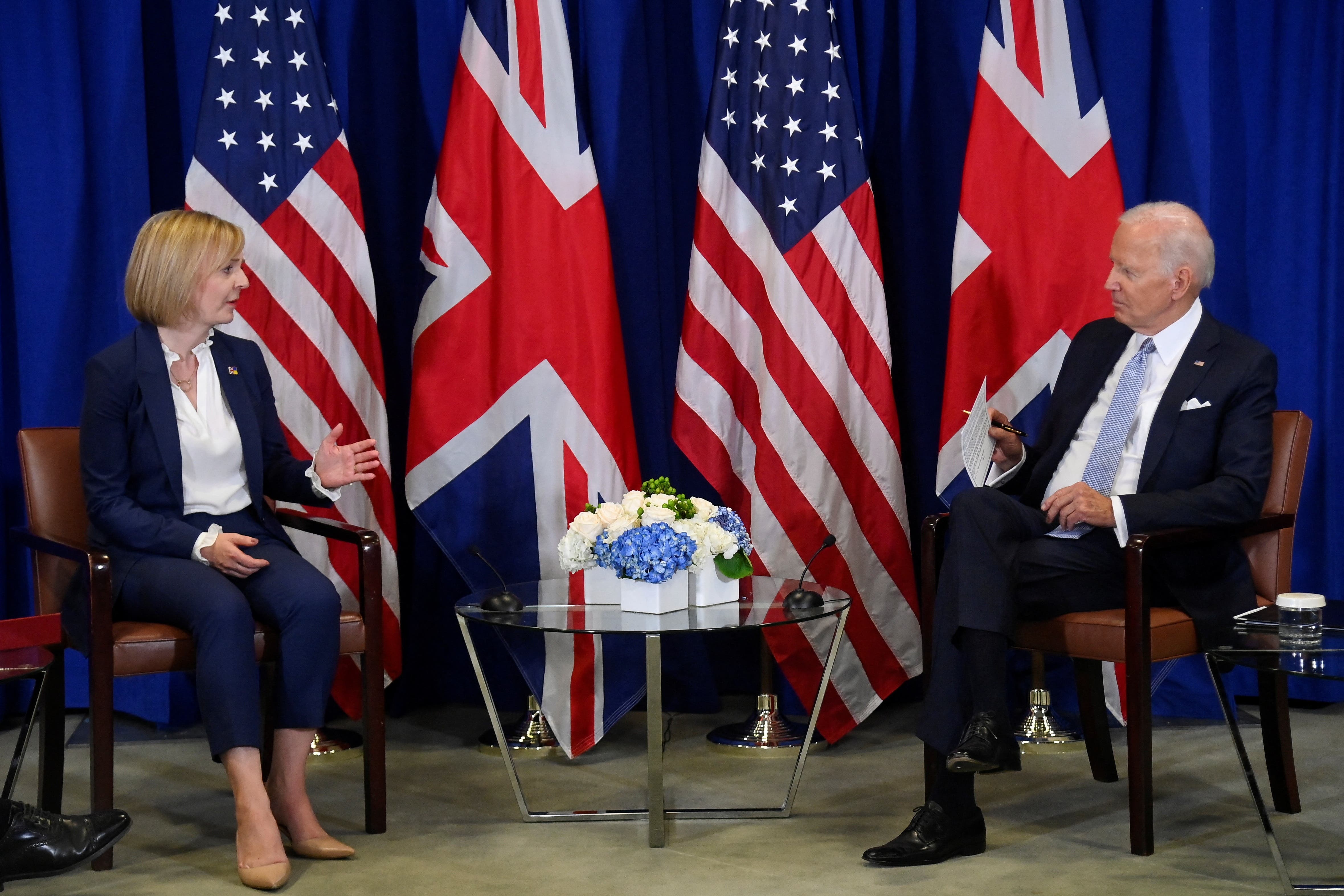 Prime Minister Liz Truss holds a bilateral with US President Joe Biden at the UN building in New York, during her visit to the US to attend the 77th UN General Assembly (Toby Melville/PA)