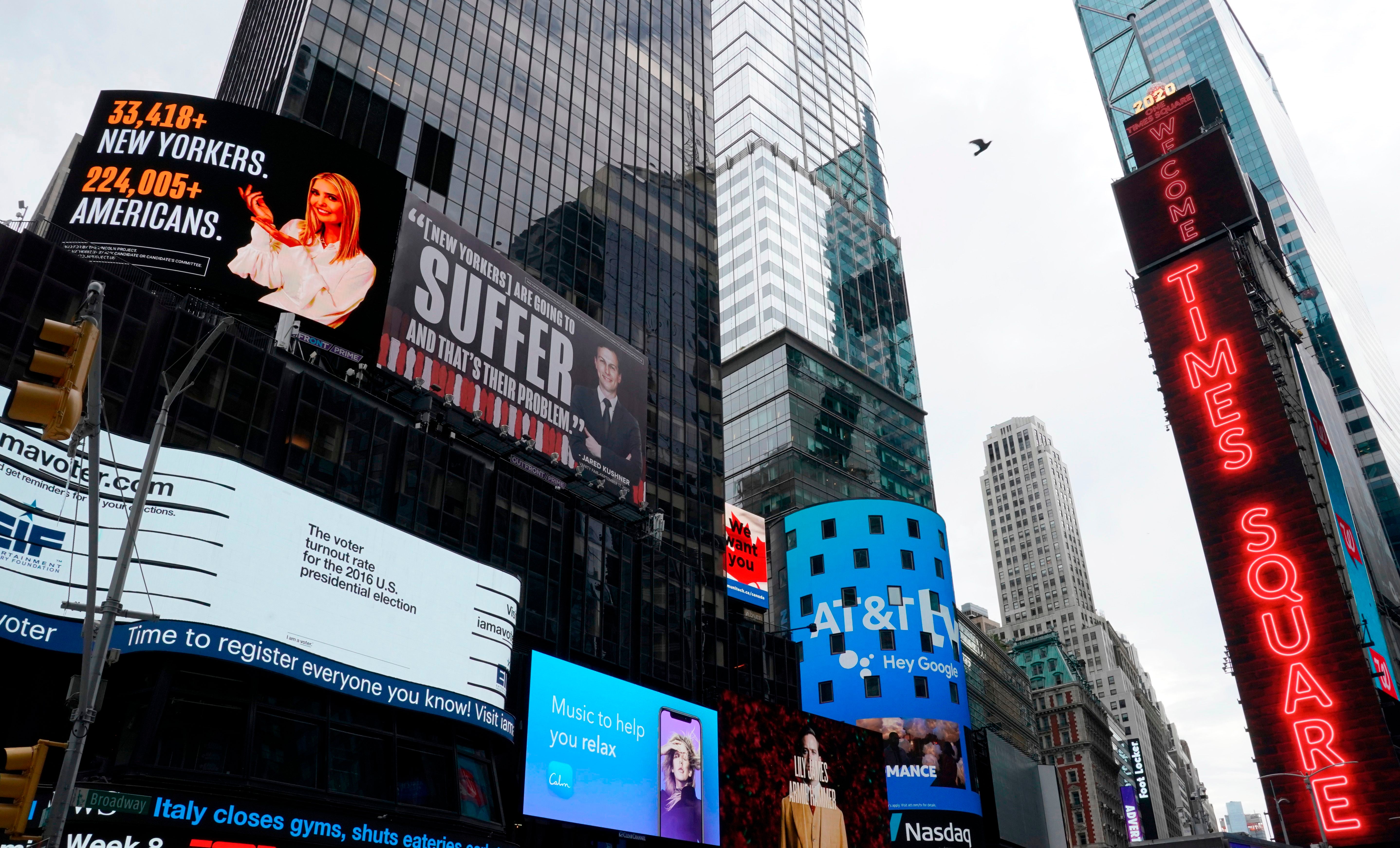 A Lincoln Project billboard in New York City’s Times Square criticising Ivanka Trump and Jared Kushner in 2020