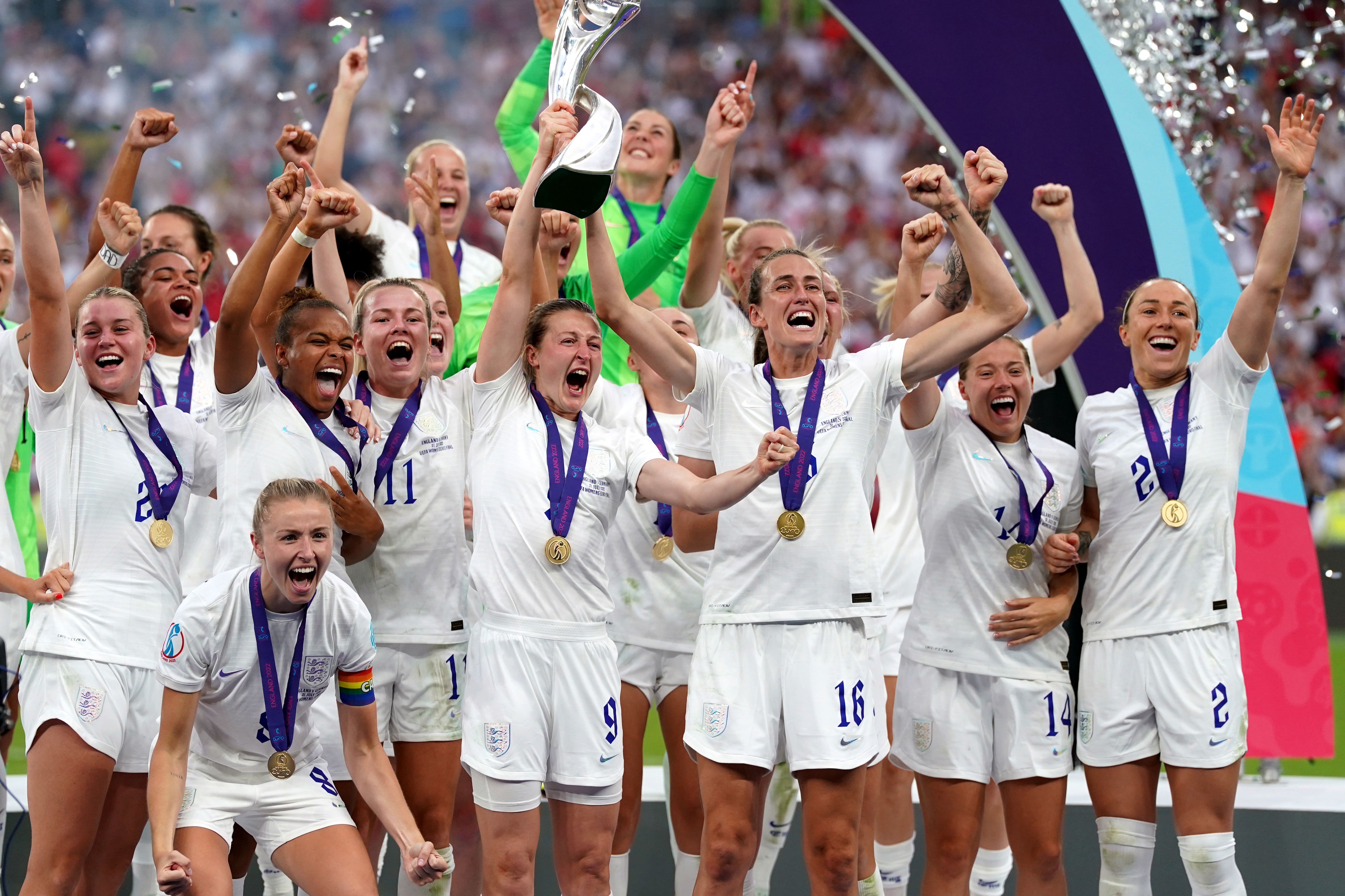 England players celebrate winning Euro 2022 (Nick Potts/PA)