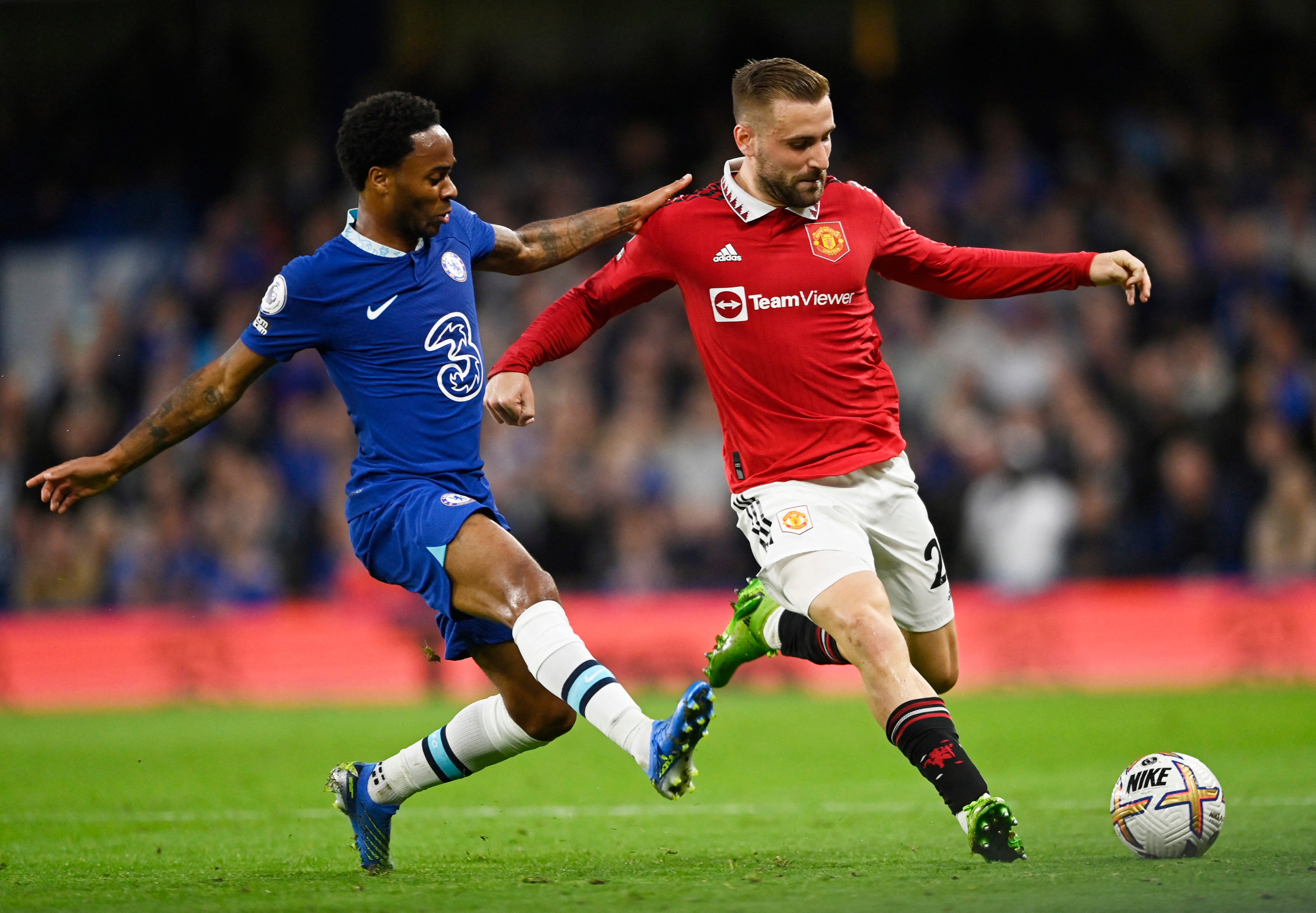 Raheem Sterling in action with United's Luke Shaw