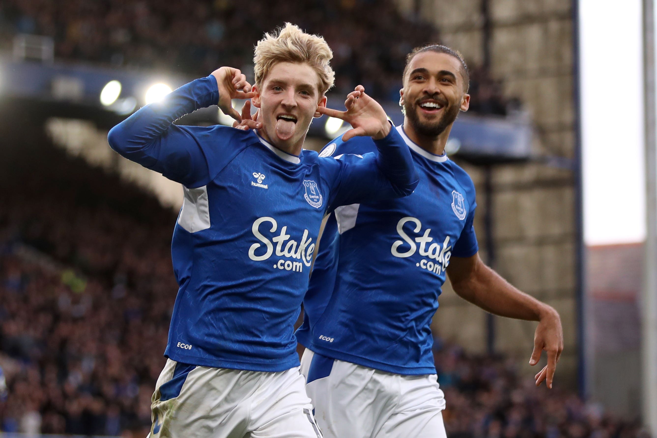 Dominic Calvert-Lewin (right) pictured celebrating with Anthony Gordon during Everton’s 3-0 win over Crystal Palace in which both scored (Isaac Parkin/PA Images).