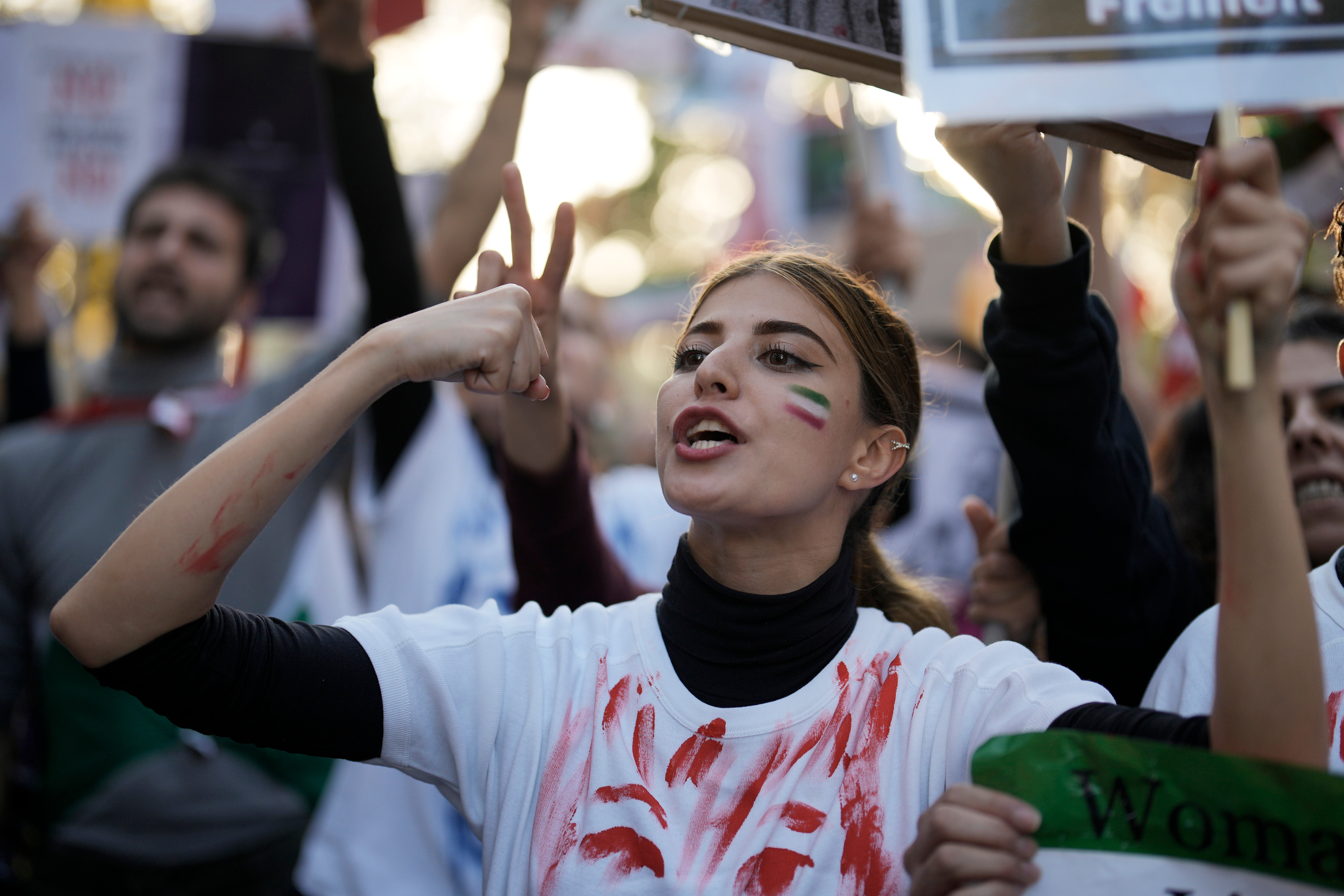 A woman takes part in the huge protest in Berlin