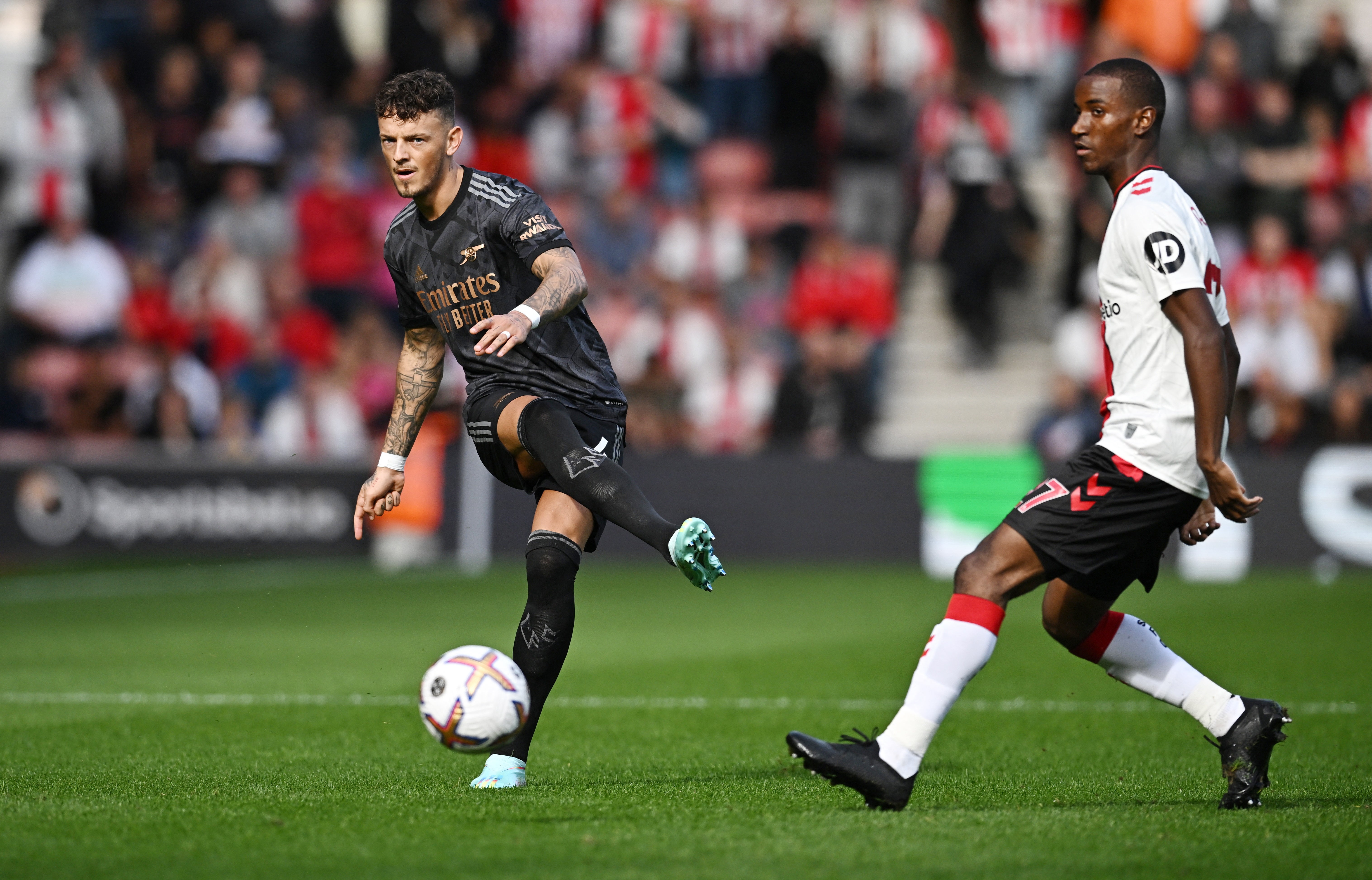 Ben White on the ball for Arsenal