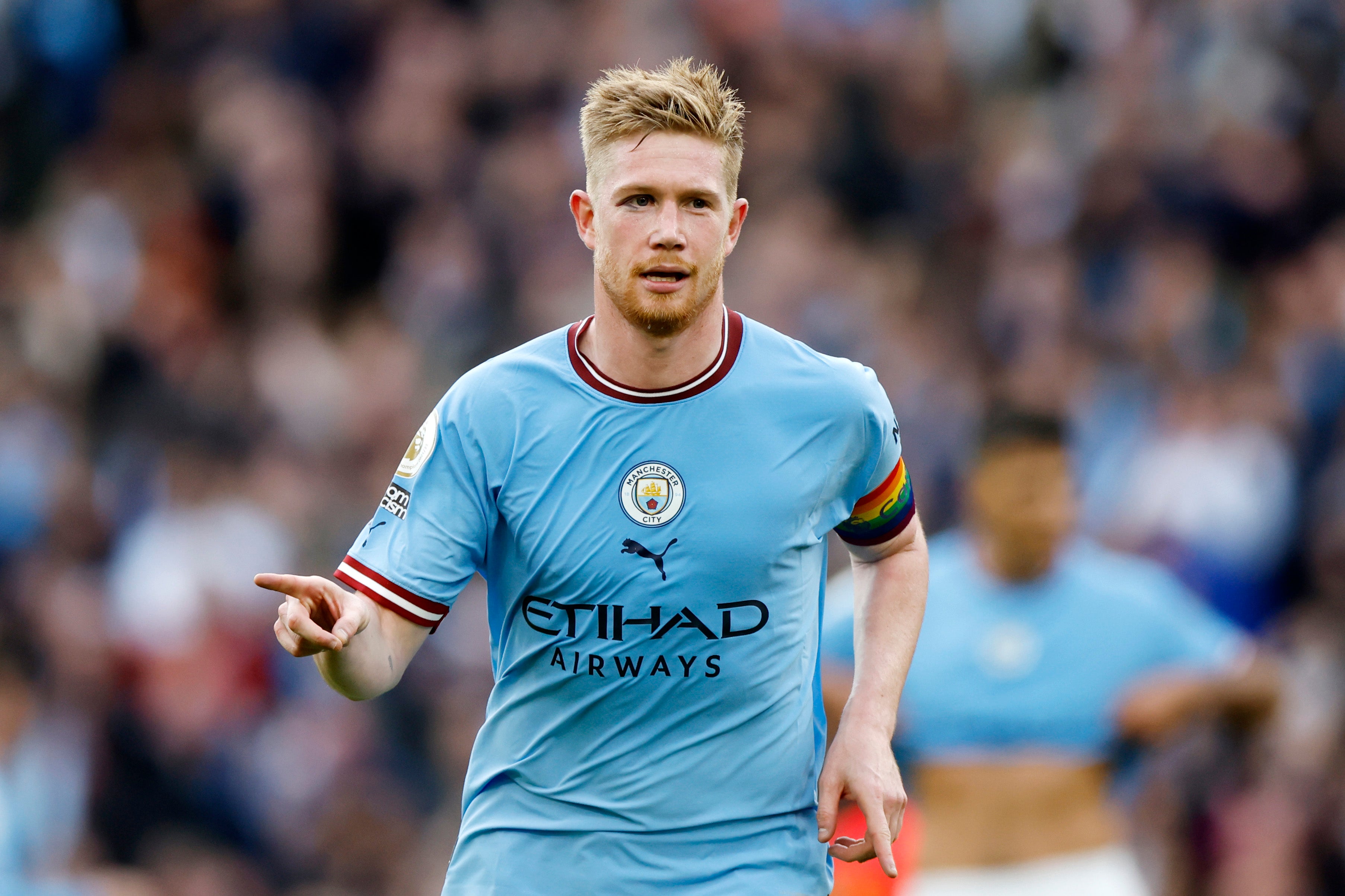 Kevin De Bruyne celebrates scoring against Brighton