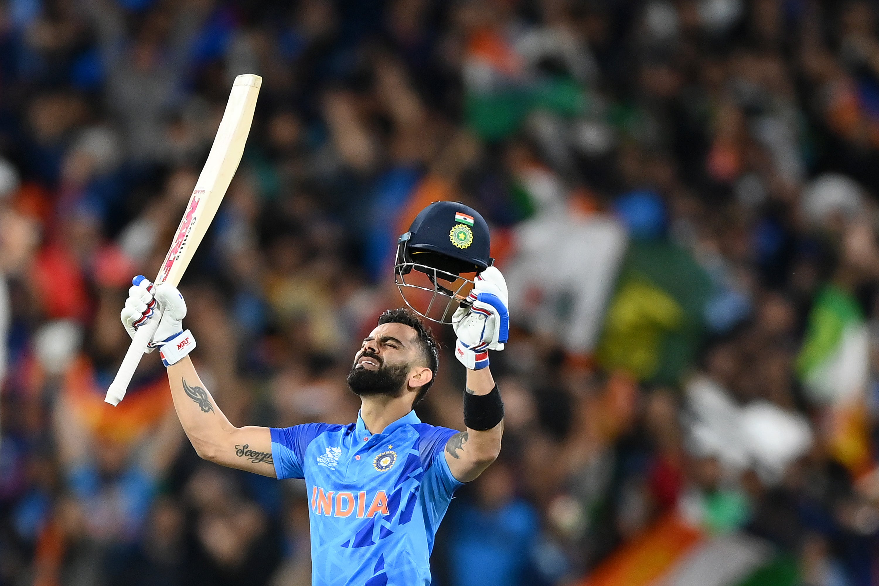 Virat Kohli of India celebrates winning the ICC Men’s T20 World Cup match between India and Pakistan at Melbourne Cricket Ground