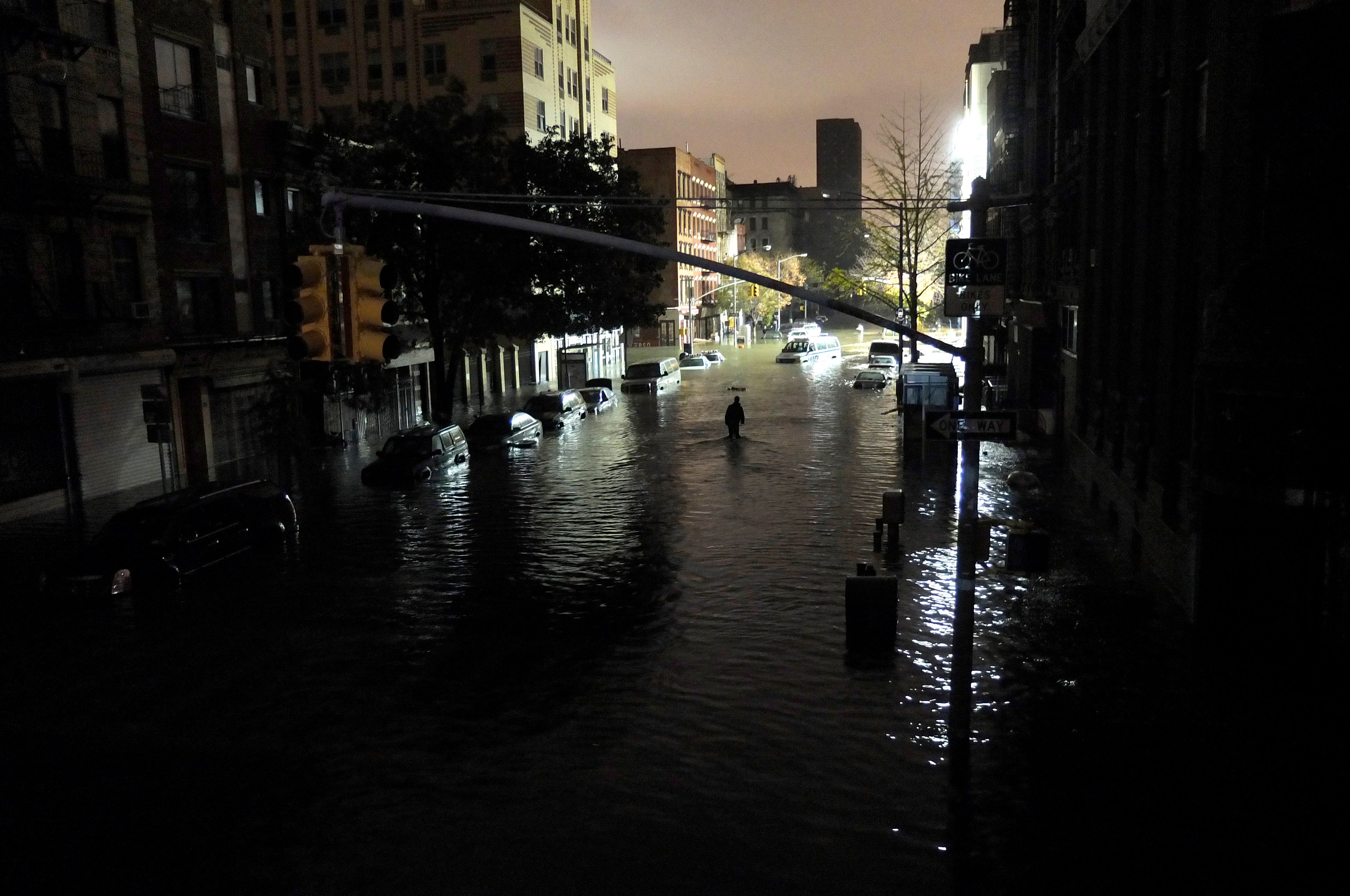 Submerged cars on Avenue C and 7th st, after severe flooding caused by Hurricane Sandy on October 29, 2012