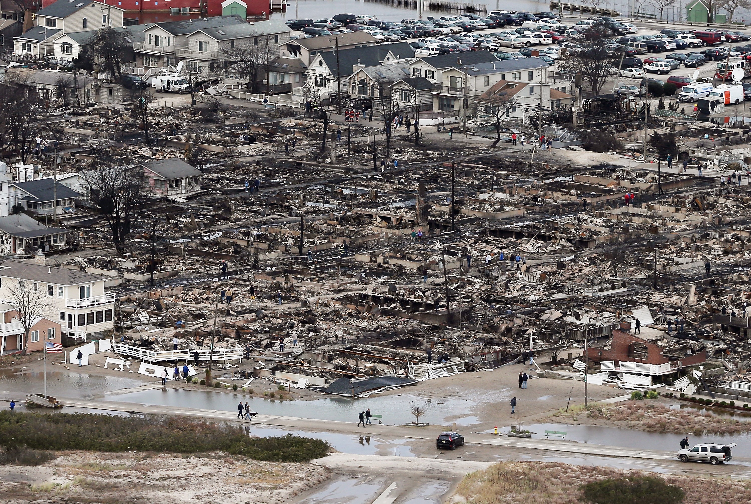 The remains of burned homes in the Breezy Point neighborhood of Queens after Sandy started a fire which destroyed 100 homes