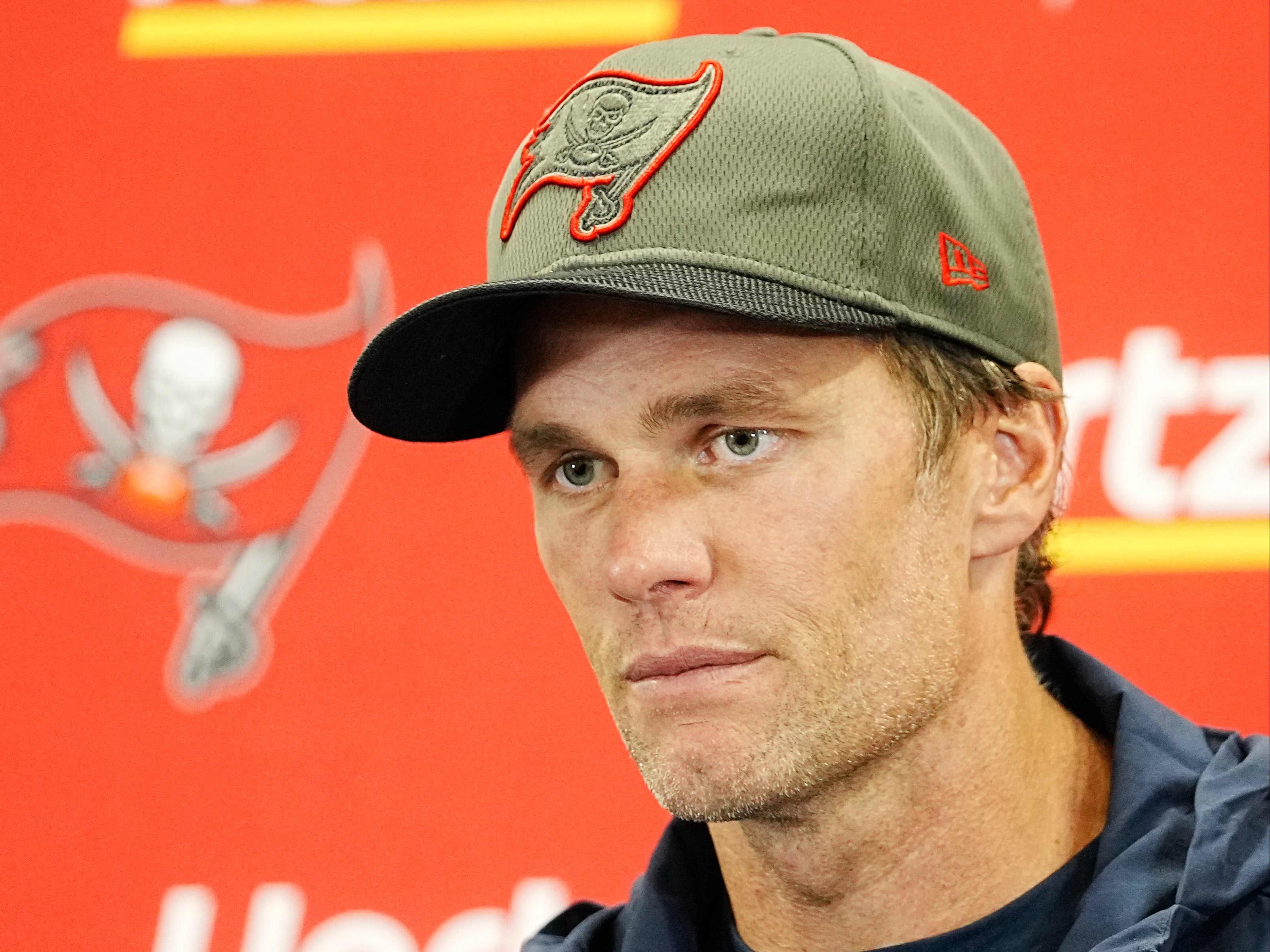 Tampa Bay Buccaneers quarterback Tom Brady talks to the media on 23 October 2022