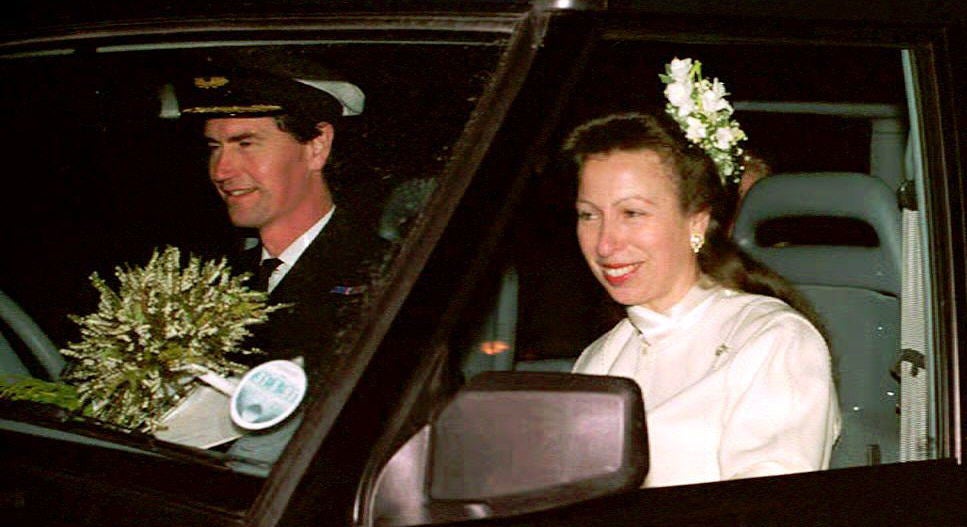 Commander Tim Laurence and Britain’s Princess Anne are seen in their car after their wedding at Crathie Church 12 December 1992 in Scotland