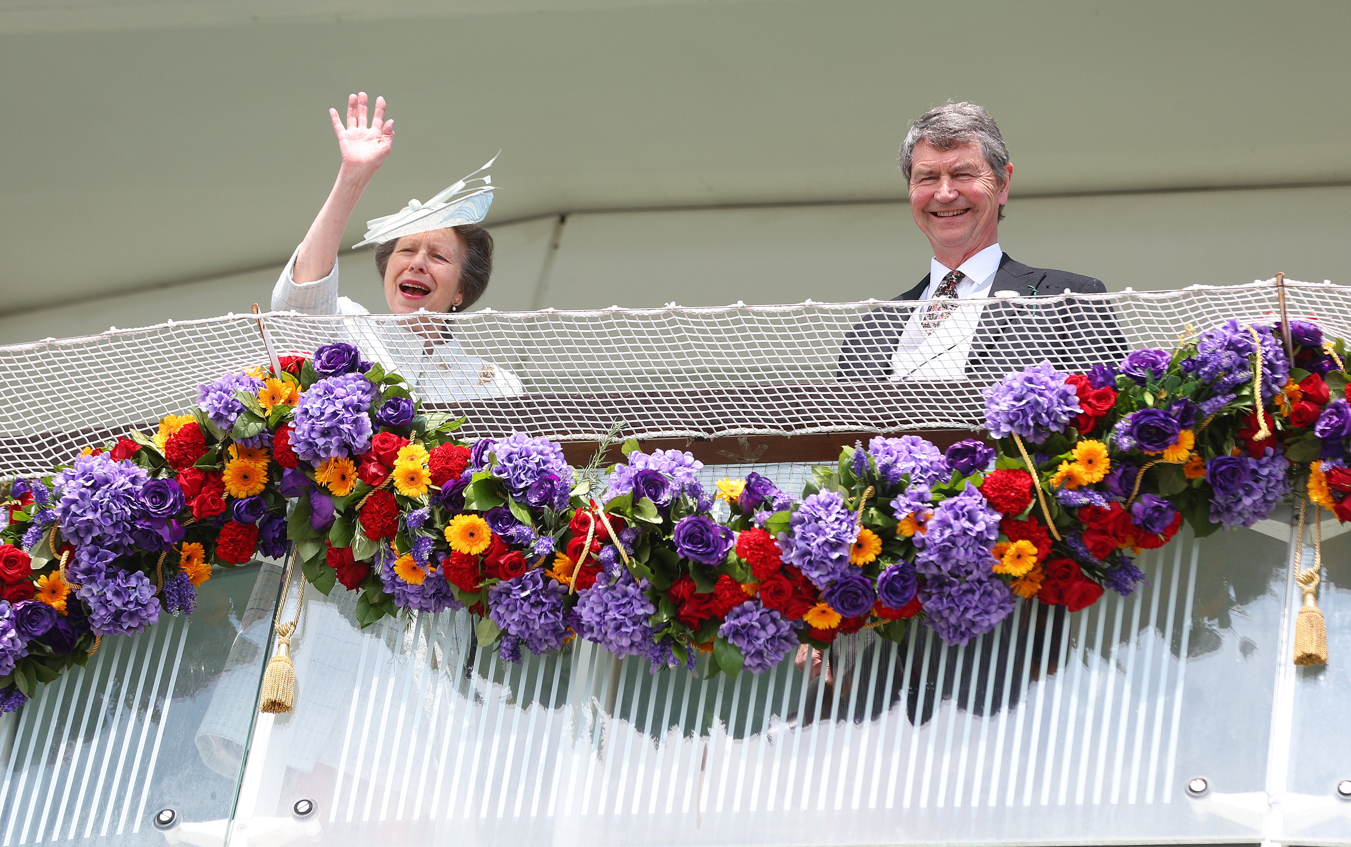 Princess Anne, the Princess Royal, and and her husband Sir Timothy Laurence are pictured during Cazoo Derby meeting at Epsom Racecourse on June 04, 2022