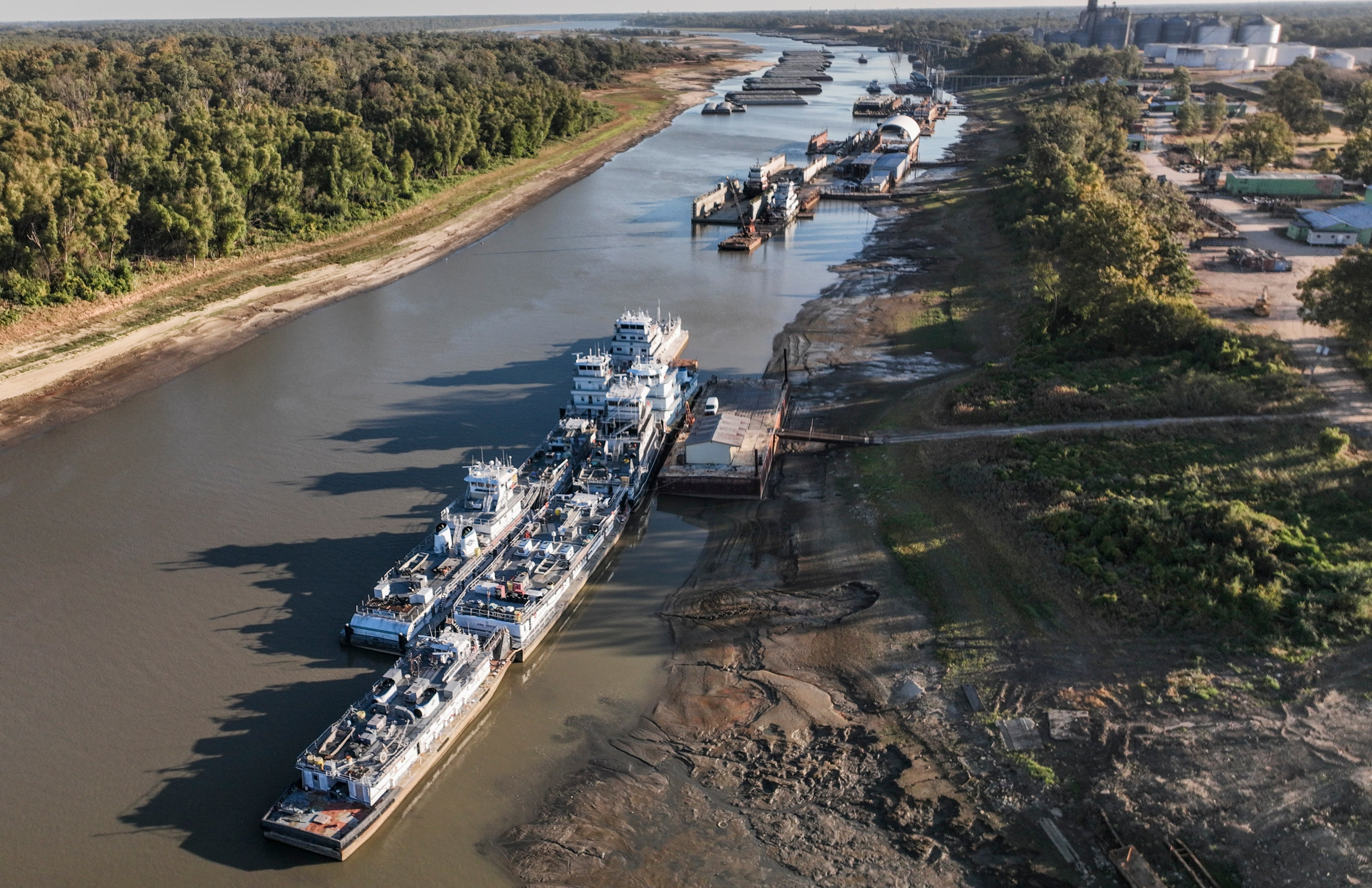 Barges along the Mississippi River in Greenville, Mississippi on Saturday