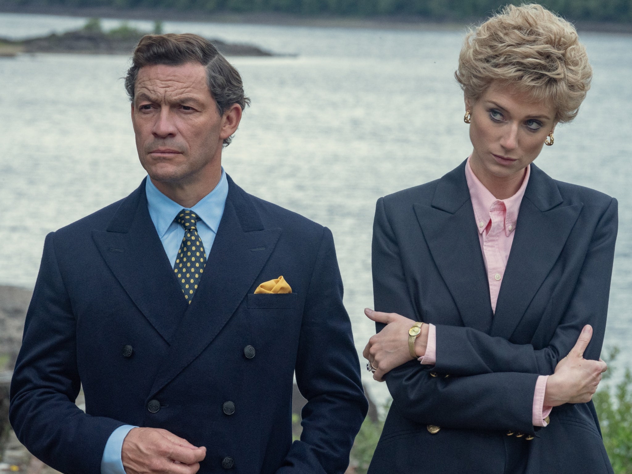 Dominic West as Prince Charles and Elizabeth Debicki as Diana, Princess of Wales in The Crown