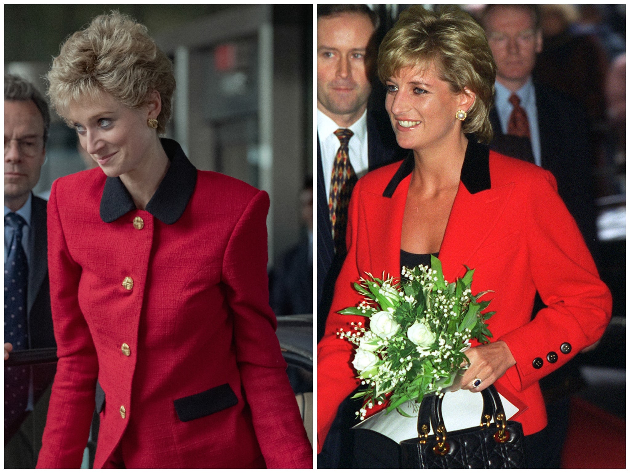 Elizabeth Debicki (left) in The Crown, and Diana (right) in 1996