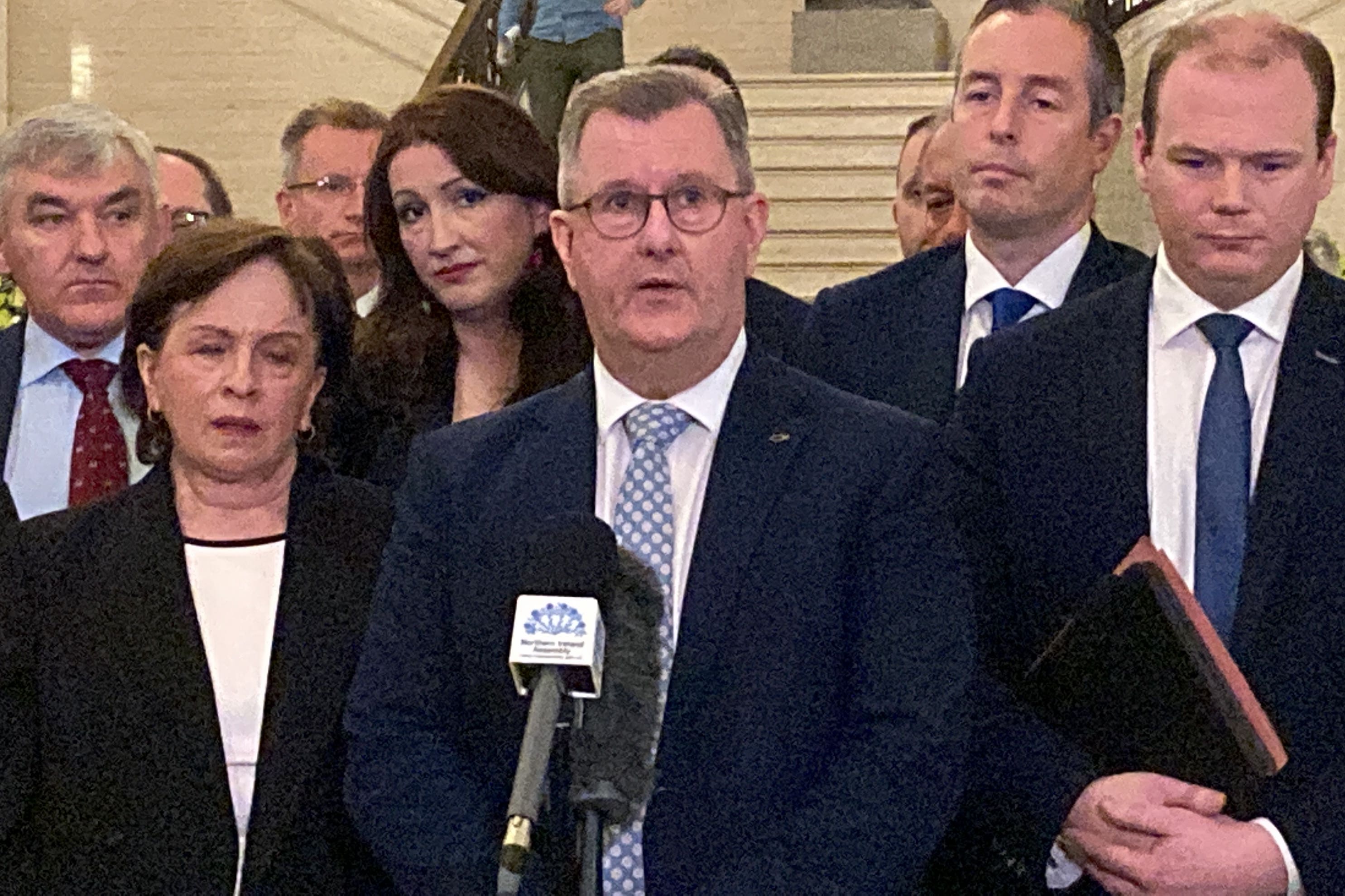 DUP leader Sir Jeffrey Donaldson speaks to the media in the Great Hall in Parliament Buildings, Stormont (Rebecca Black/PA)