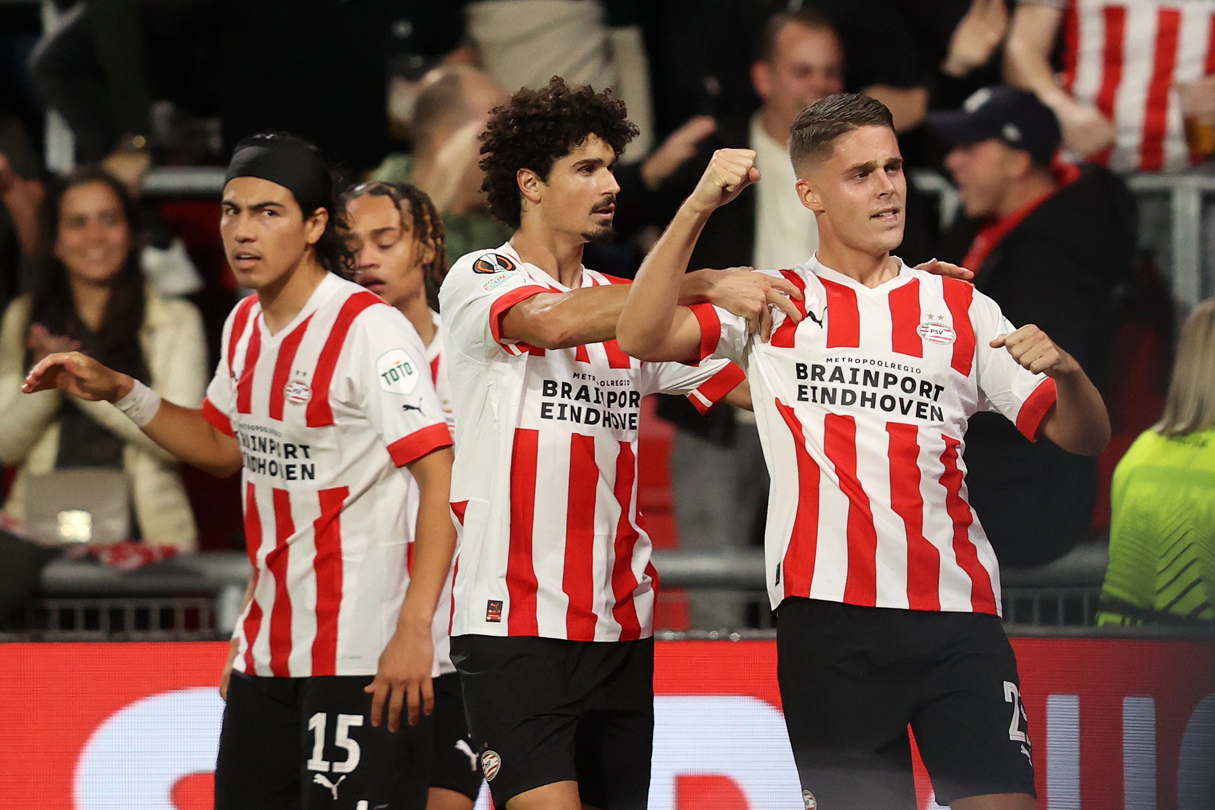 Joey Veerman celebrates after scoring PSV Eindhoven’s first goal