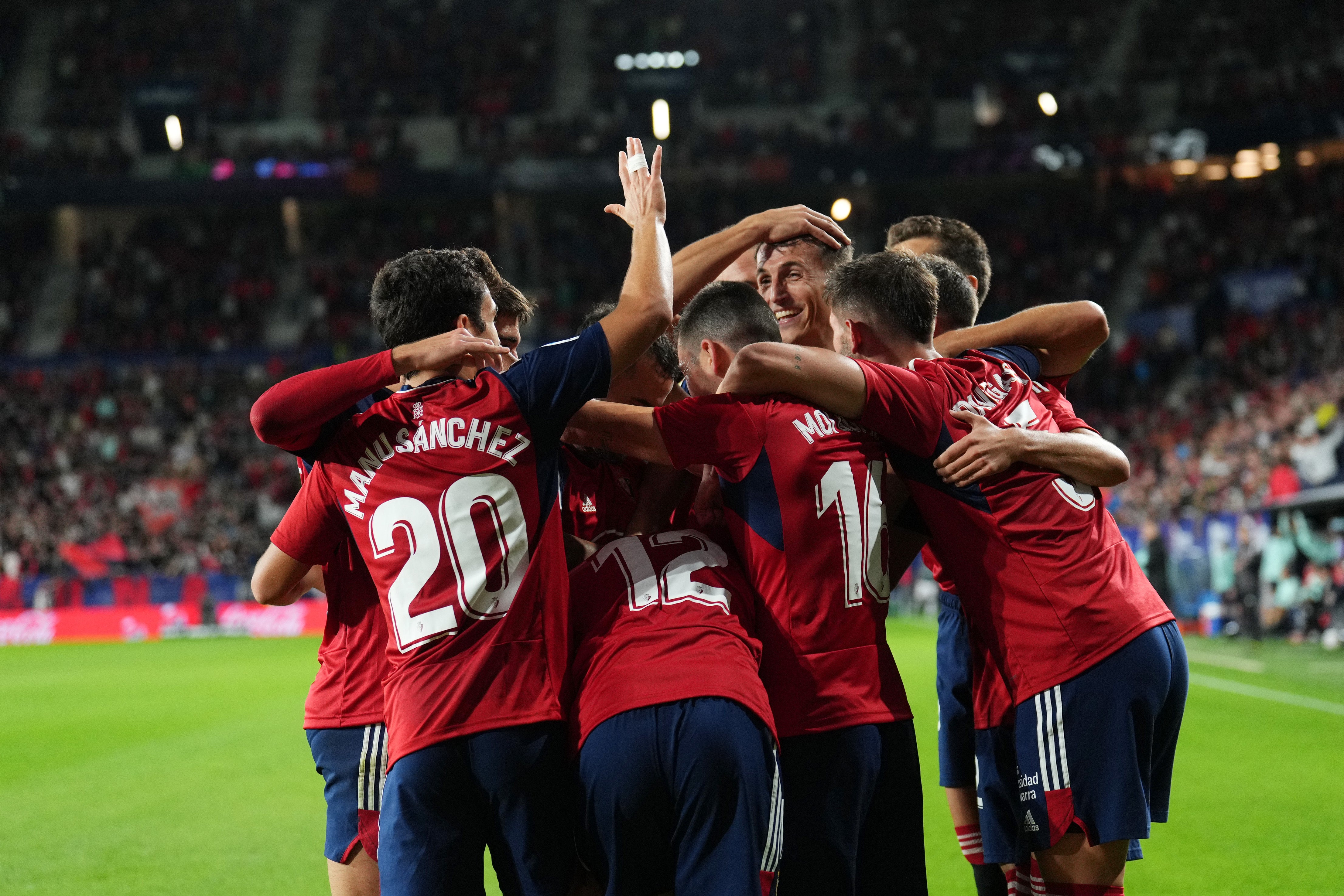 Ante Budimir of Osasuna celebrates with teammates at El Sadar Stadium in Pamplona, Spain