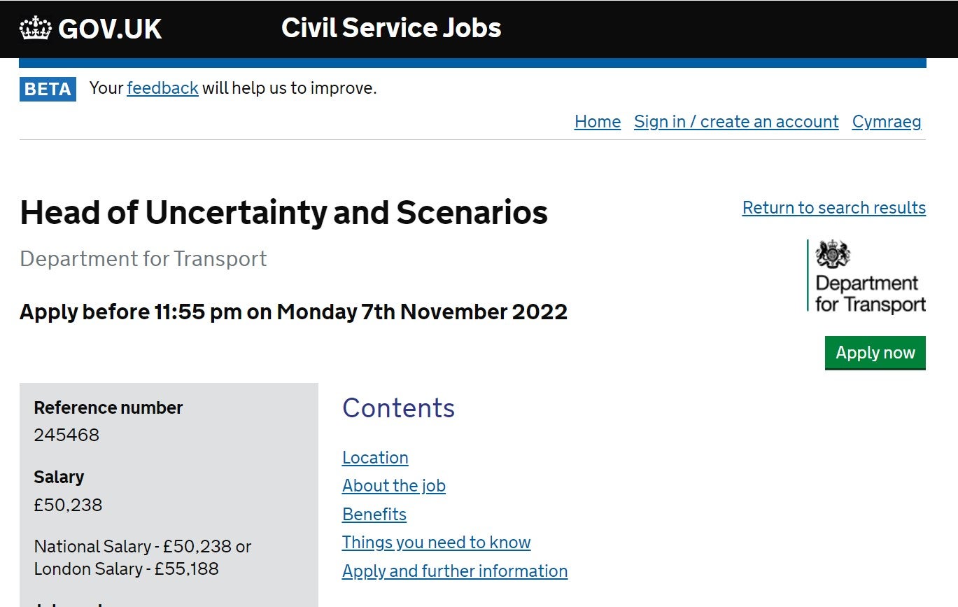 The job advertisement on civilservicejobs.service.gov.uk