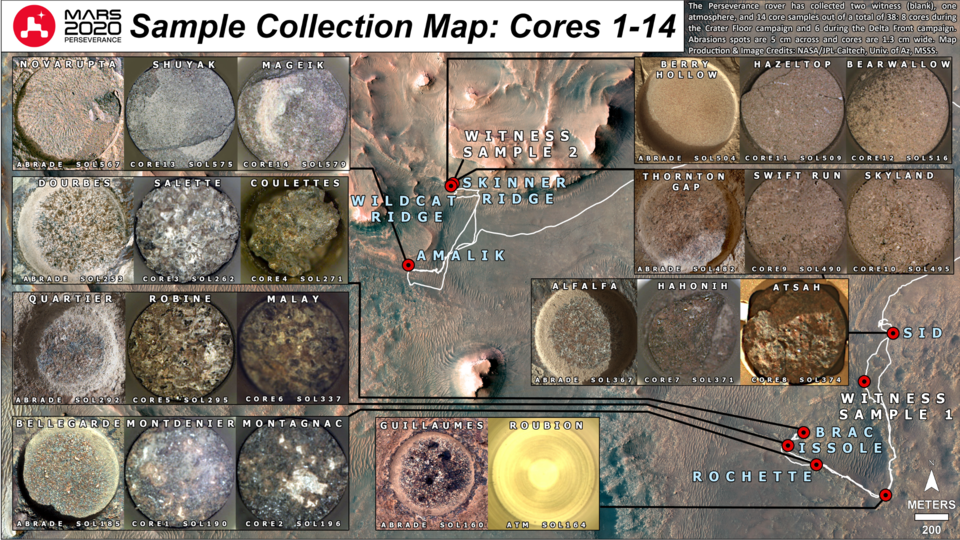 This image shows the 14 samples of rock and soil collected by the Mars Perseverance Rover so far, along with the locations they were acquired within Jezero Crater on the Red Planet