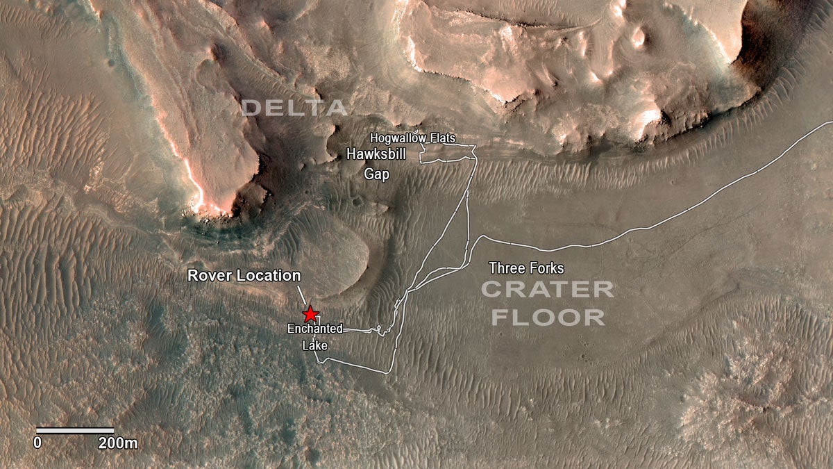 This photographic map shows the path Nasa’s Perseverance Mars rover has charted across Jezero Crater on the Red Planet, and the Three Forks, a location designated to hold samples of soil the rover collected until they can be returned to Earth