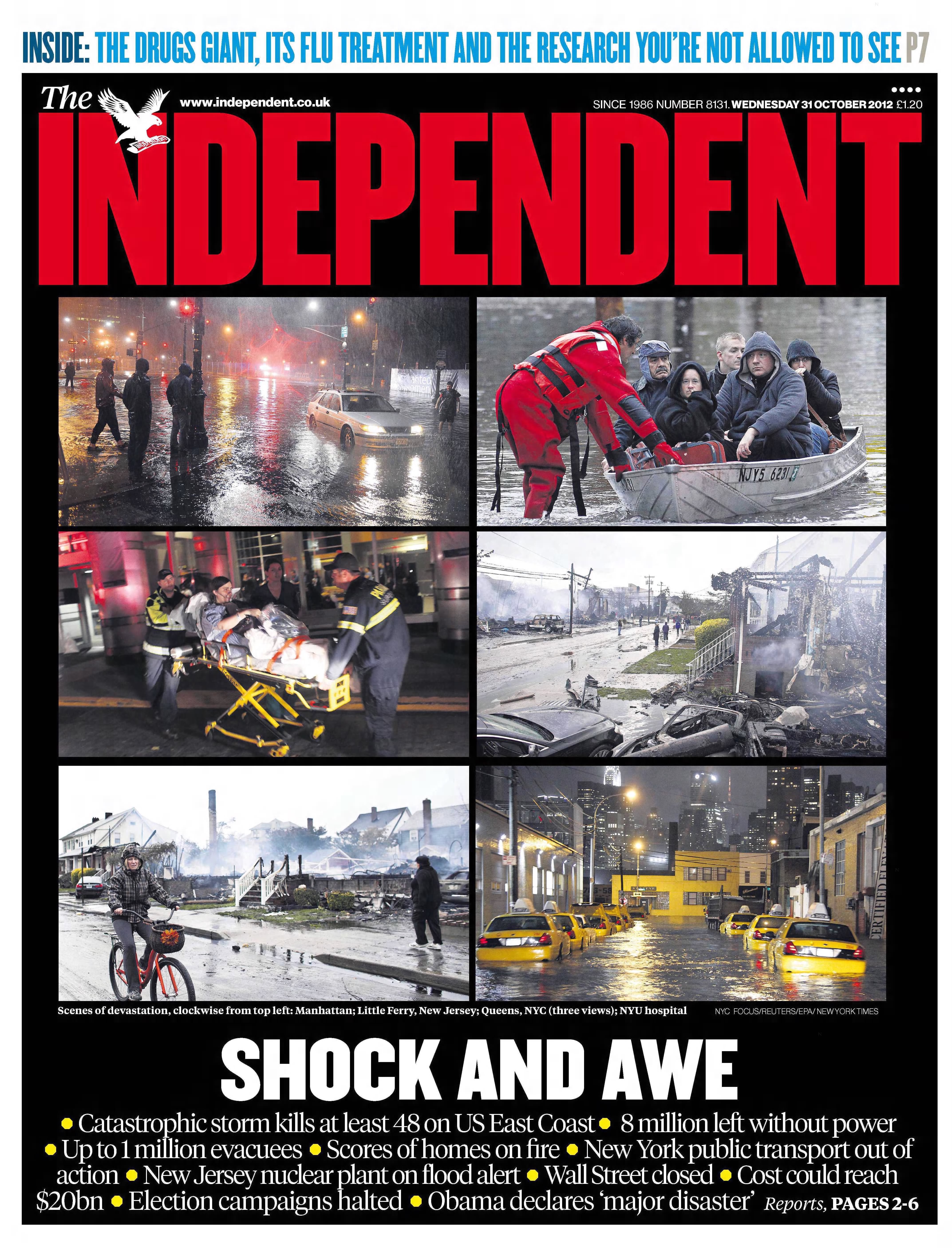 The Independent’s front cover on Wednesday, 31 October, 2012 after the devastating Superstorm Sandy